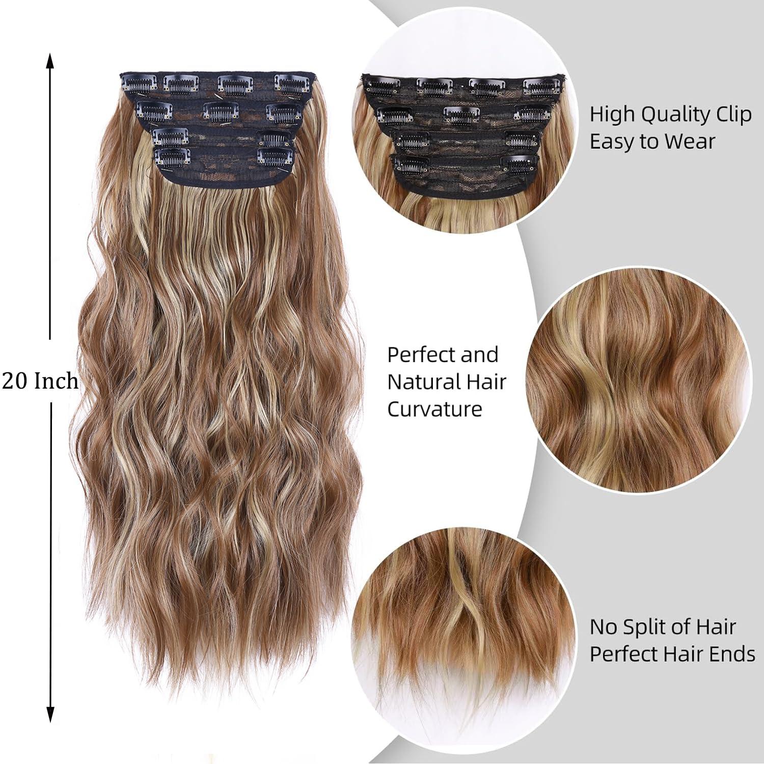imageBlonde Clip in Hair Extensions 14 Inch Wavy Synthetic Hair Extensions Clip ins Color Dark Blonde with Bleach Blonde HighlightsRed Brown with Beige Blonde Highlights