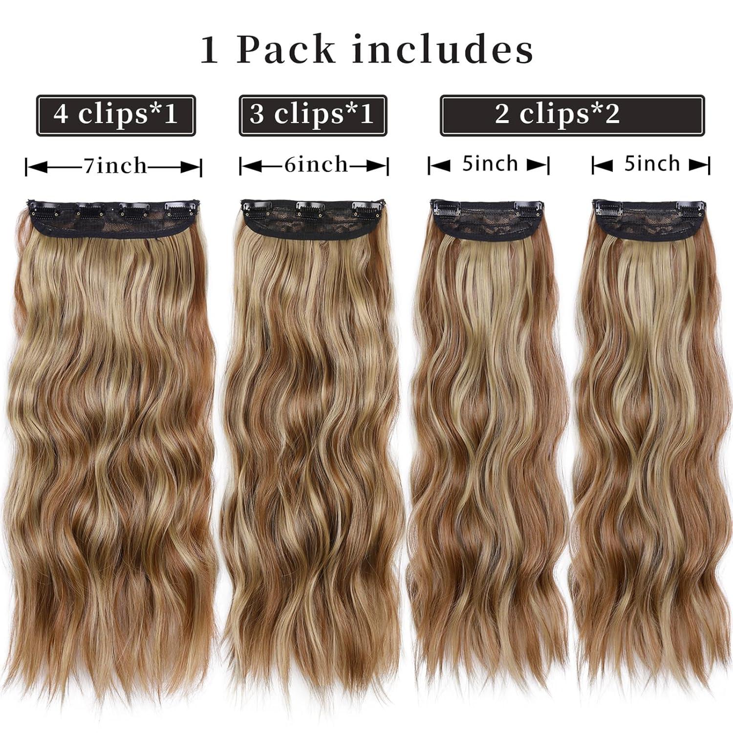 imageBlonde Clip in Hair Extensions 14 Inch Wavy Synthetic Hair Extensions Clip ins Color Dark Blonde with Bleach Blonde HighlightsRed Brown with Beige Blonde Highlights