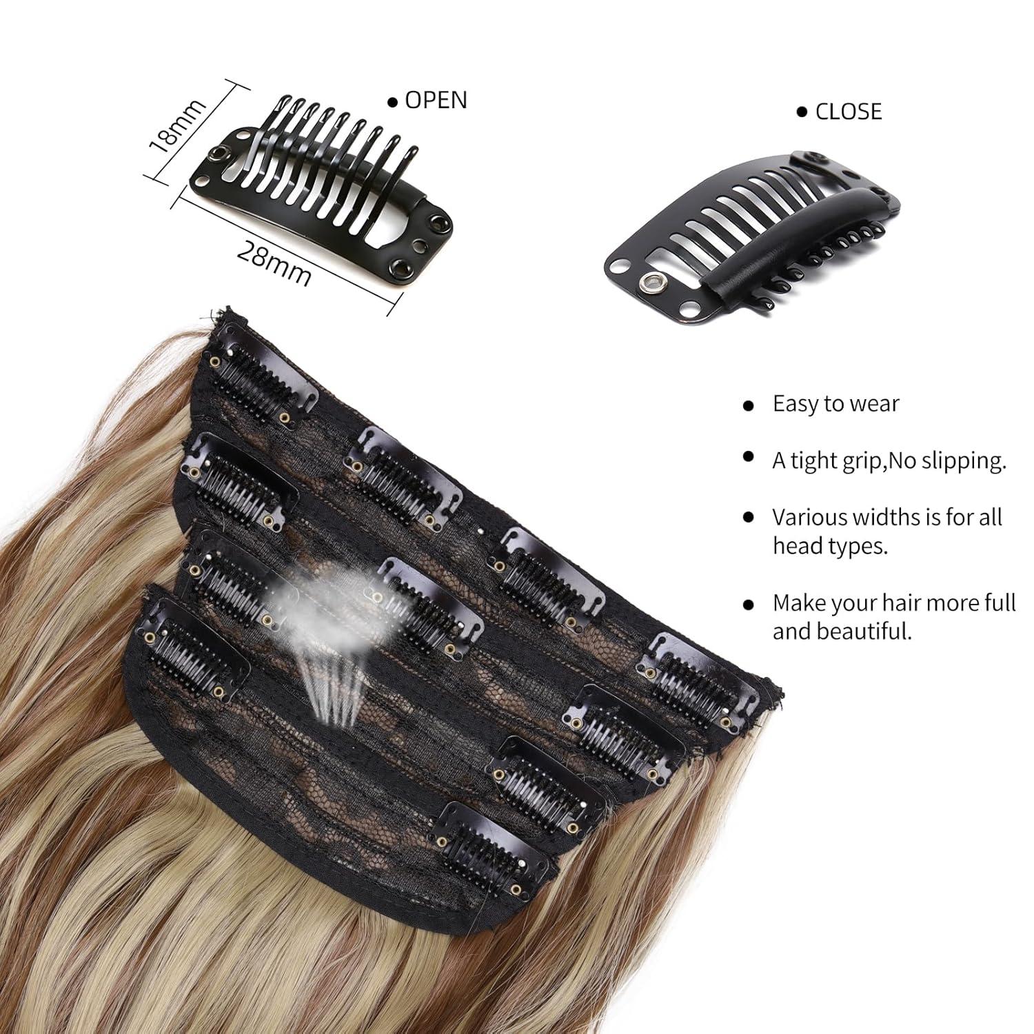 imageBlonde Clip in Hair Extensions 14 Inch Wavy Synthetic Hair Extensions Clip ins Color Dark Blonde with Bleach Blonde HighlightsRed Brown with Beige Blonde Highlights