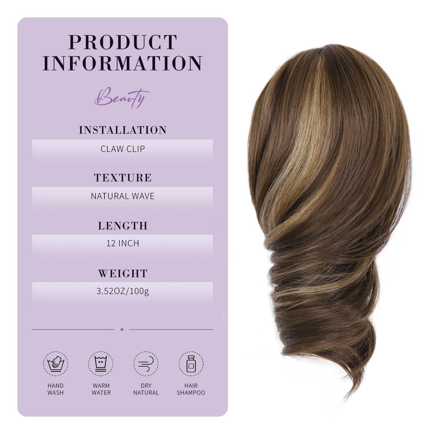 imageClaw Clip Ponytail Extension 12 Inch Soft Curly Pony Tails Hair Extensions Synthetic Hair Extensions Ponytail Clip in Ponytail Color Medium Blonde With Bleach Blonde EndsChestnut Brown With Golden Highlights