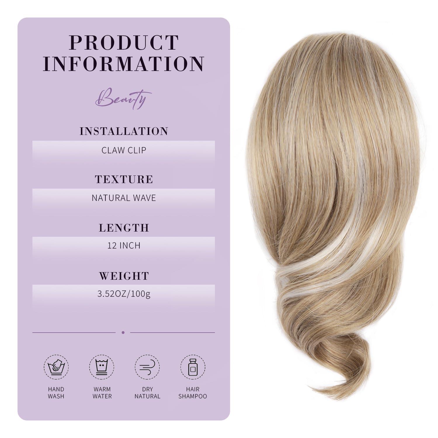imageClaw Clip Ponytail Extension 12 Inch Soft Curly Pony Tails Hair Extensions Synthetic Hair Extensions Ponytail Clip in Ponytail Color Medium Blonde With Bleach Blonde EndsAsh Blonde with White Highlights