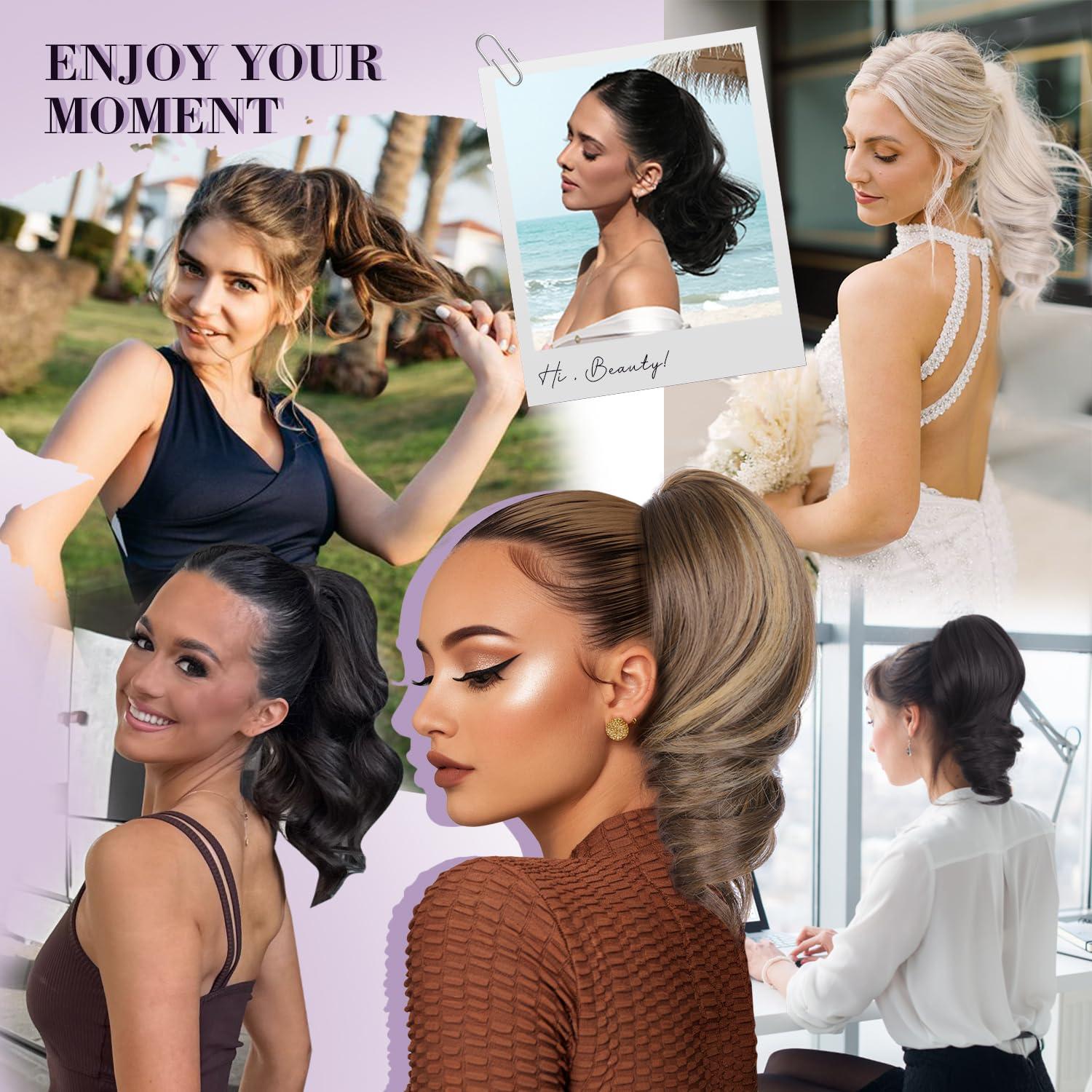 imageClaw Clip Ponytail Extension 12 Inch Soft Curly Pony Tails Hair Extensions Synthetic Hair Extensions Ponytail Clip in Ponytail Color Medium Blonde With Bleach Blonde EndsAsh Blonde with White Highlights