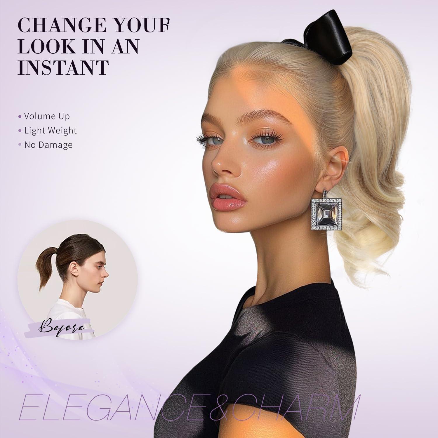 imageClaw Clip Ponytail Extension 12 Inch Soft Curly Pony Tails Hair Extensions Synthetic Hair Extensions Ponytail Clip in Ponytail Color Medium Blonde With Bleach Blonde EndsPlatinum Blonde