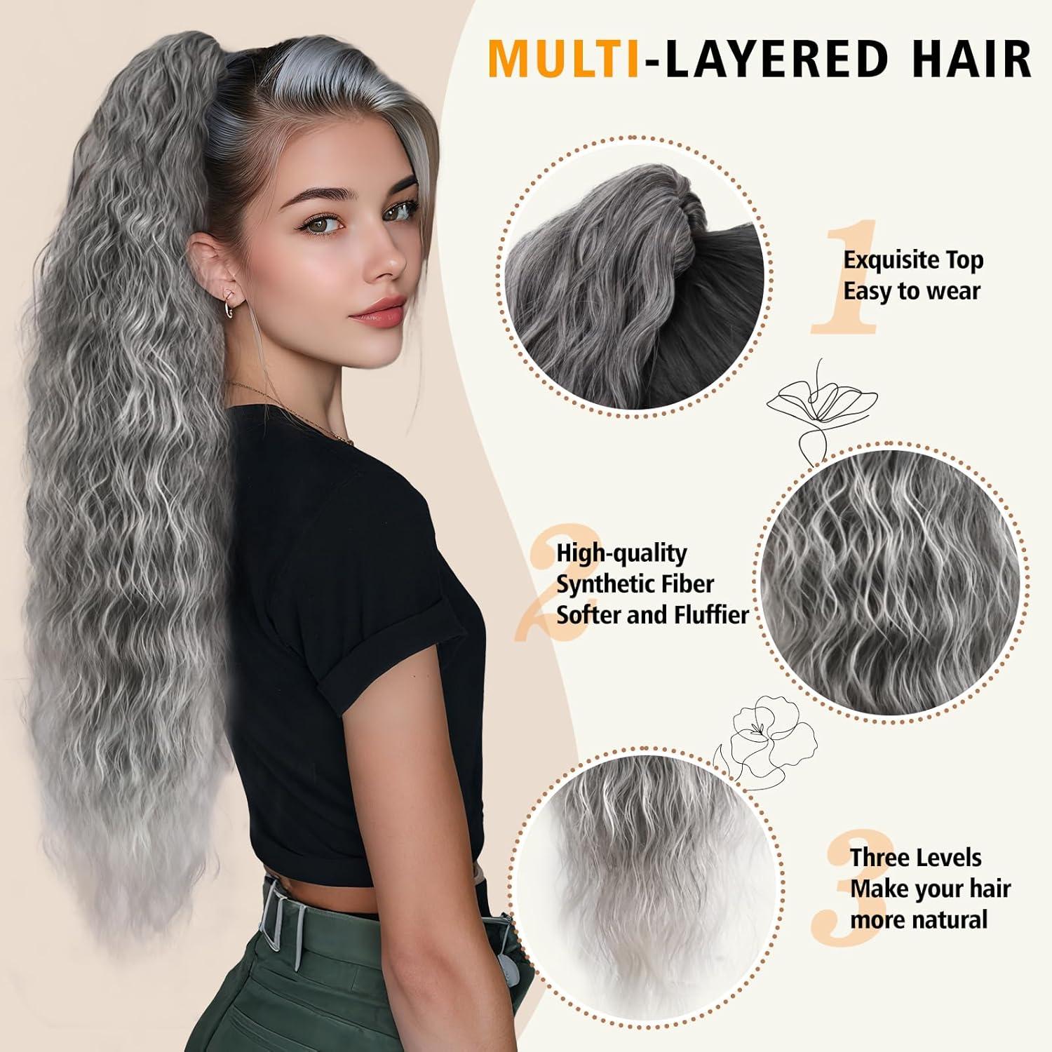 imageClip on Ponytails for Women 12 Inch Curly Black Ponytail Extension Curly Pony Tails Hair Extensions Synthetic Hair Extensions Ponytail Natural Hair Pieces for Women Color BlackOmbre Sliver Grey