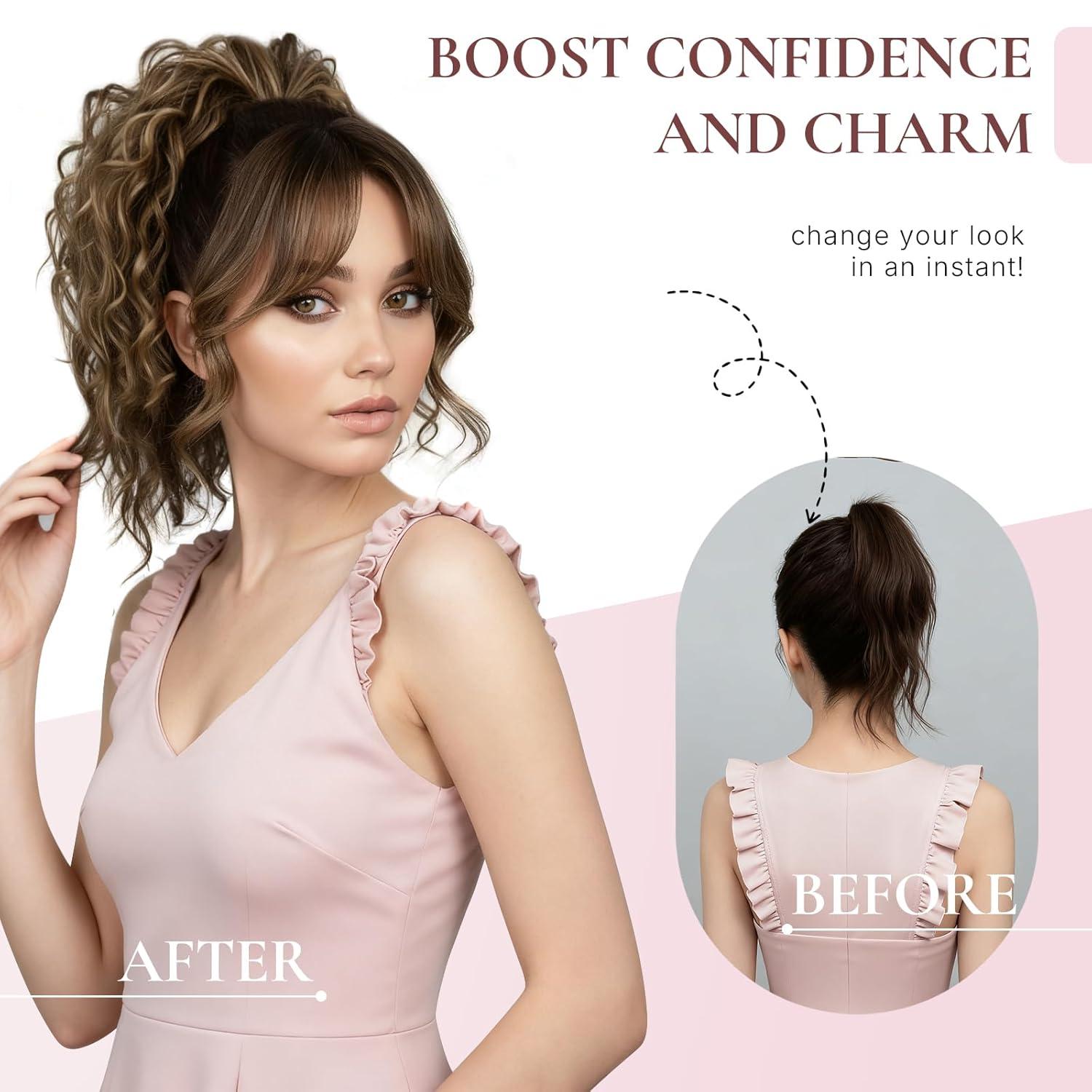 imageClip on Ponytails for Women 12 Inch Curly Black Ponytail Extension Curly Pony Tails Hair Extensions Synthetic Hair Extensions Ponytail Natural Hair Pieces for Women Color BlackMedium Blonde with Beige Blonde Highlights
