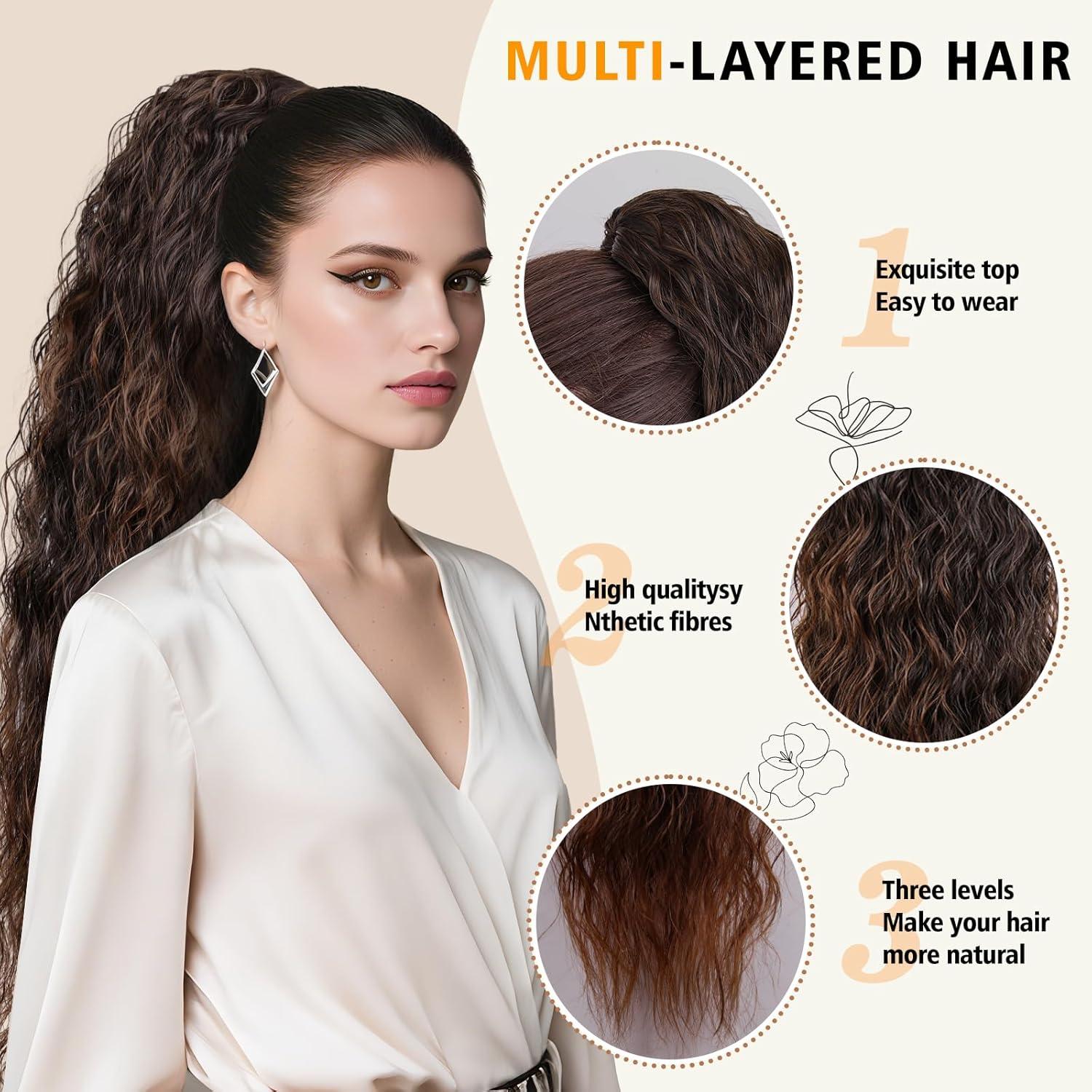 imageClip on Ponytails for Women 12 Inch Curly Black Ponytail Extension Curly Pony Tails Hair Extensions Synthetic Hair Extensions Ponytail Natural Hair Pieces for Women Color BlackOmbre Almond Brown with Copper Brown Ends