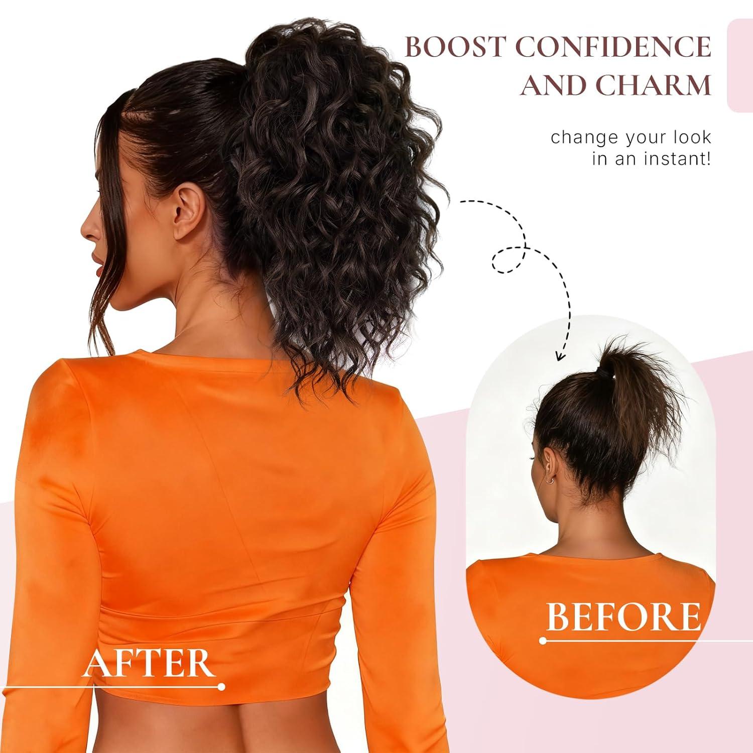 imageClip on Ponytails for Women 12 Inch Curly Black Ponytail Extension Curly Pony Tails Hair Extensions Synthetic Hair Extensions Ponytail Natural Hair Pieces for Women Color BlackBrown with Golden Highlights