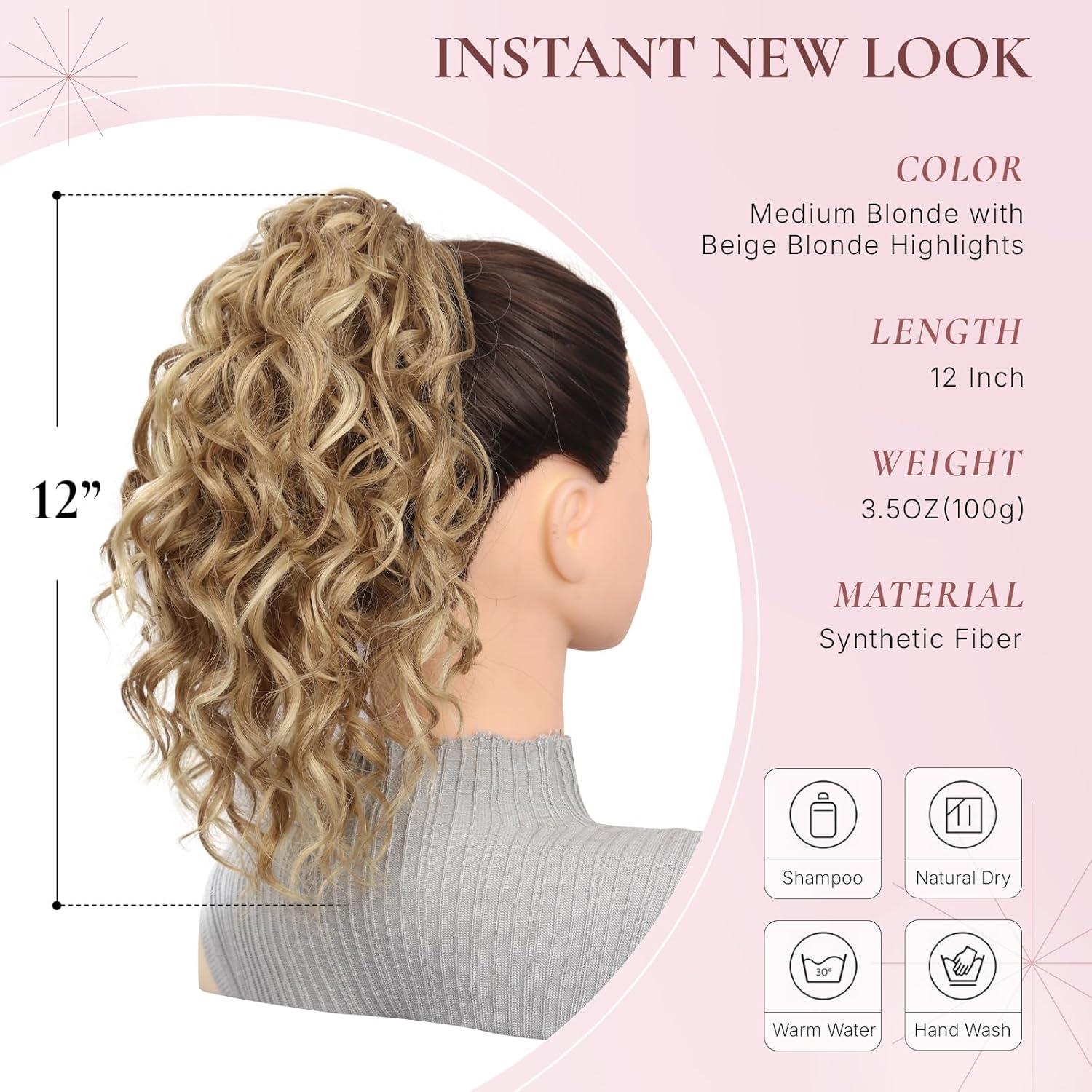 imageClip on Ponytails for Women 12 Inch Curly Black Ponytail Extension Curly Pony Tails Hair Extensions Synthetic Hair Extensions Ponytail Natural Hair Pieces for Women Color BlackMedium Blonde with Beige Blonde Highlights