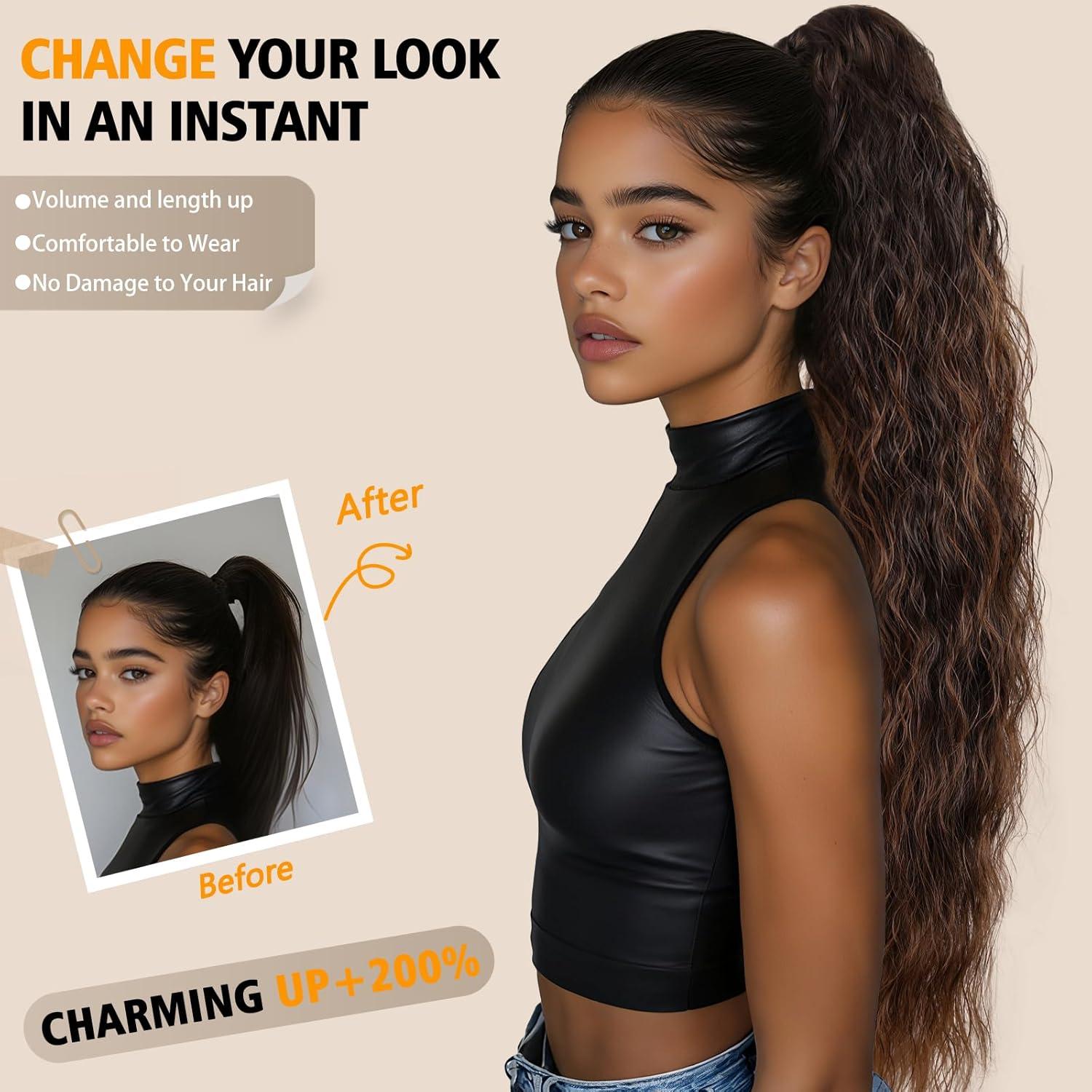 imageClip on Ponytails for Women 12 Inch Curly Black Ponytail Extension Curly Pony Tails Hair Extensions Synthetic Hair Extensions Ponytail Natural Hair Pieces for Women Color BlackOmbre Almond Brown with Copper Brown Ends