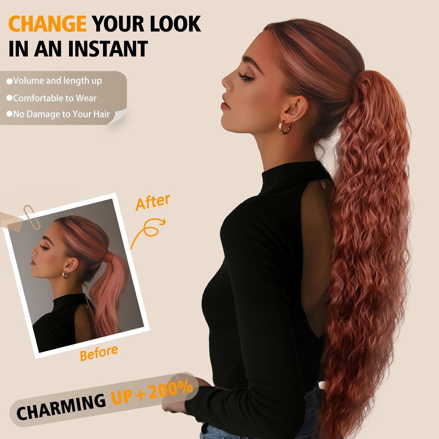 imageClip on Ponytails for Women 12 Inch Curly Black Ponytail Extension Curly Pony Tails Hair Extensions Synthetic Hair Extensions Ponytail Natural Hair Pieces for Women Color BlackCopper Red