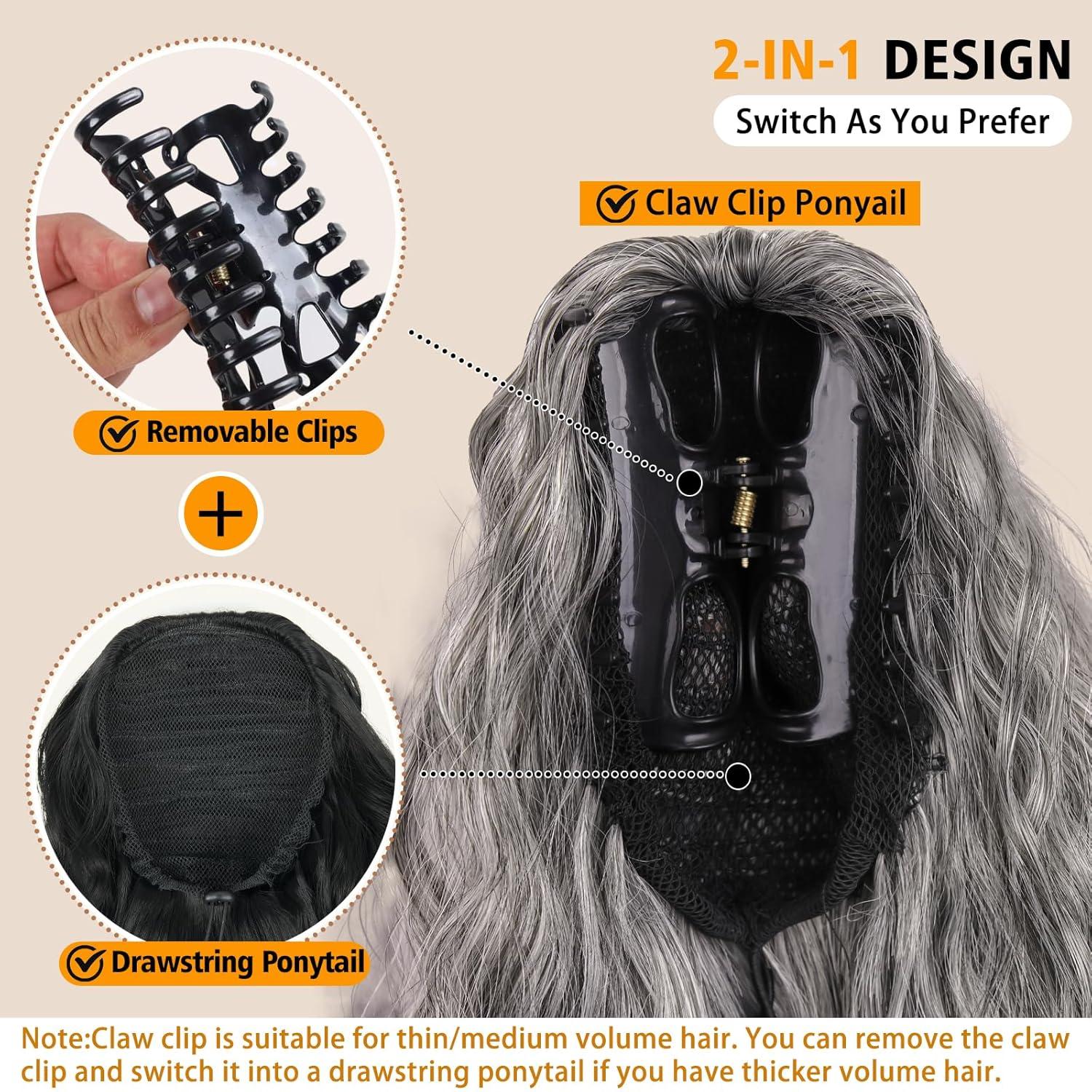 imageClip on Ponytails for Women 12 Inch Curly Black Ponytail Extension Curly Pony Tails Hair Extensions Synthetic Hair Extensions Ponytail Natural Hair Pieces for Women Color BlackOmbre Sliver Grey