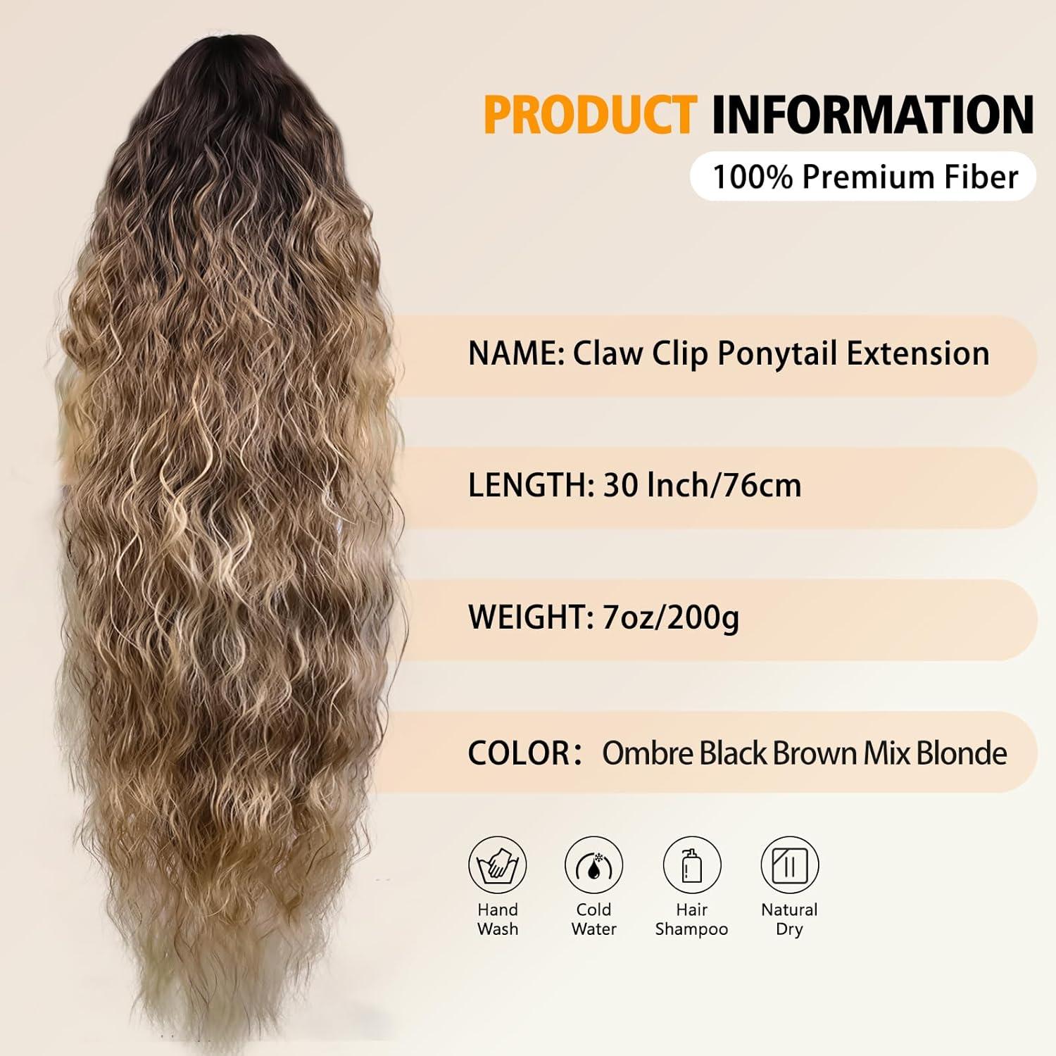 imageClip on Ponytails for Women 12 Inch Curly Black Ponytail Extension Curly Pony Tails Hair Extensions Synthetic Hair Extensions Ponytail Natural Hair Pieces for Women Color BlackOmbre Black Brown Mix Blonde