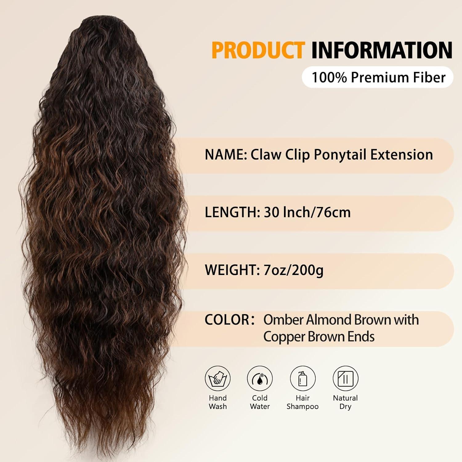 imageClip on Ponytails for Women 12 Inch Curly Black Ponytail Extension Curly Pony Tails Hair Extensions Synthetic Hair Extensions Ponytail Natural Hair Pieces for Women Color BlackOmbre Almond Brown with Copper Brown Ends