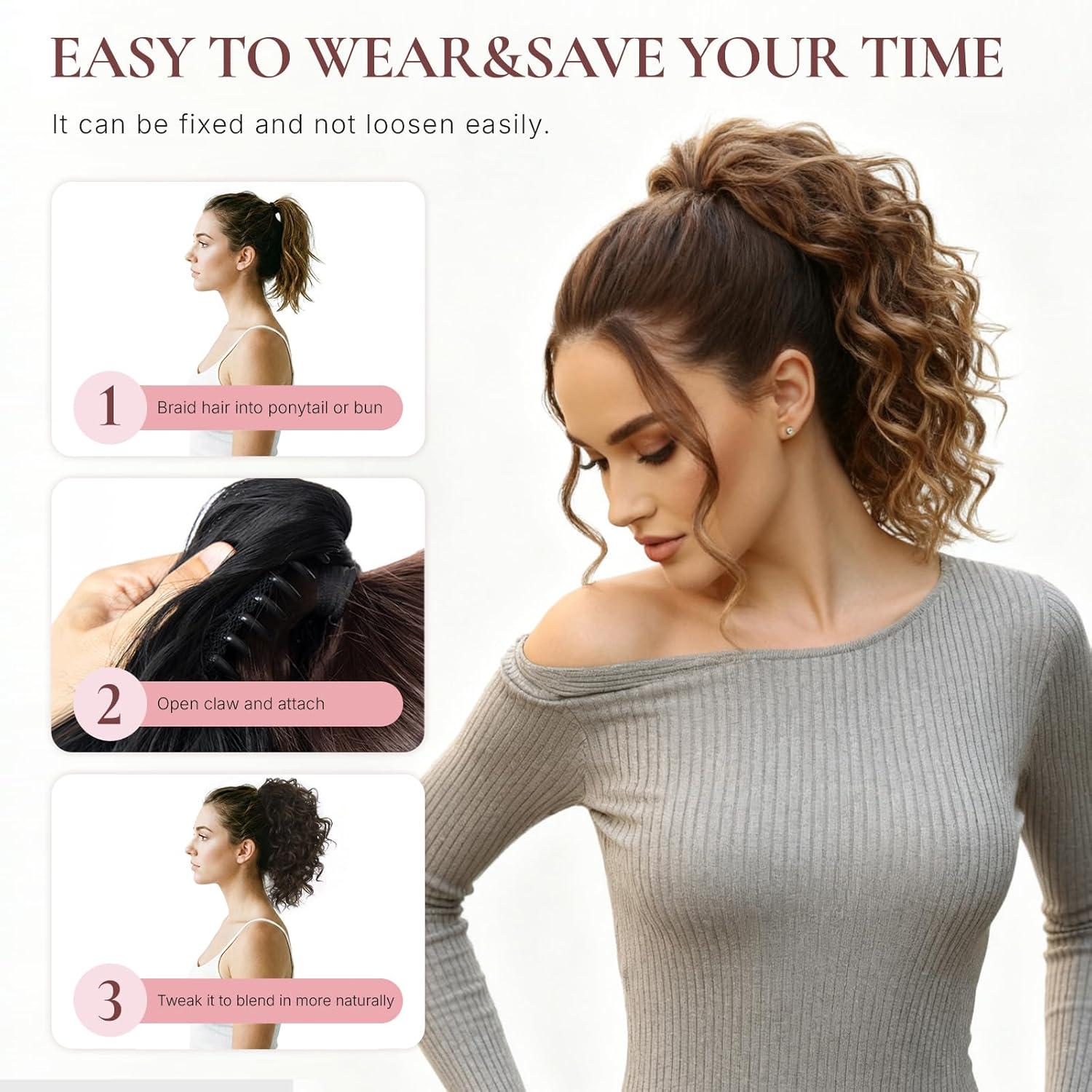 imageClip on Ponytails for Women 12 Inch Curly Black Ponytail Extension Curly Pony Tails Hair Extensions Synthetic Hair Extensions Ponytail Natural Hair Pieces for Women Color BlackLight Brown with Blonde Ends
