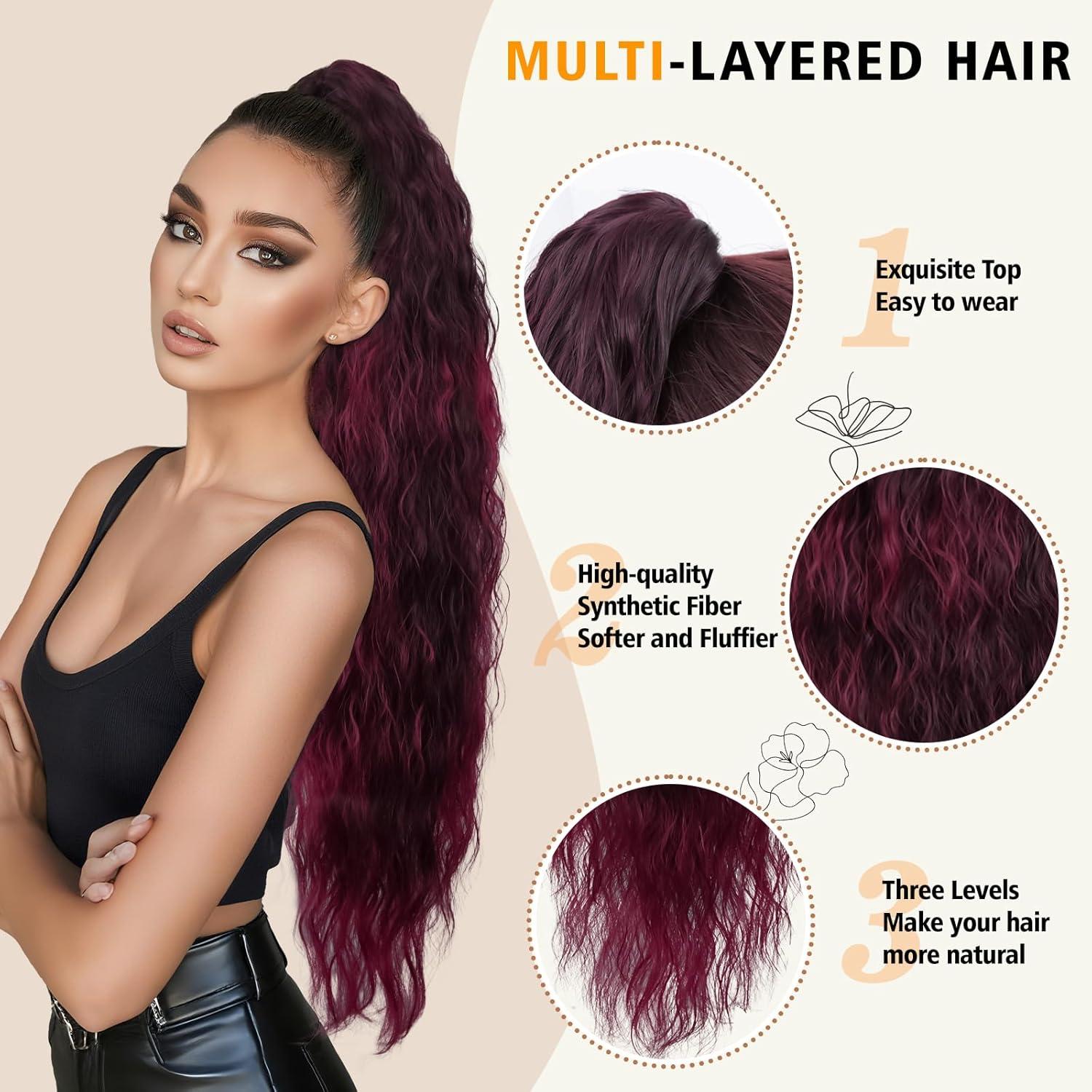 imageClip on Ponytails for Women 12 Inch Curly Black Ponytail Extension Curly Pony Tails Hair Extensions Synthetic Hair Extensions Ponytail Natural Hair Pieces for Women Color BlackOmbre Burgundy