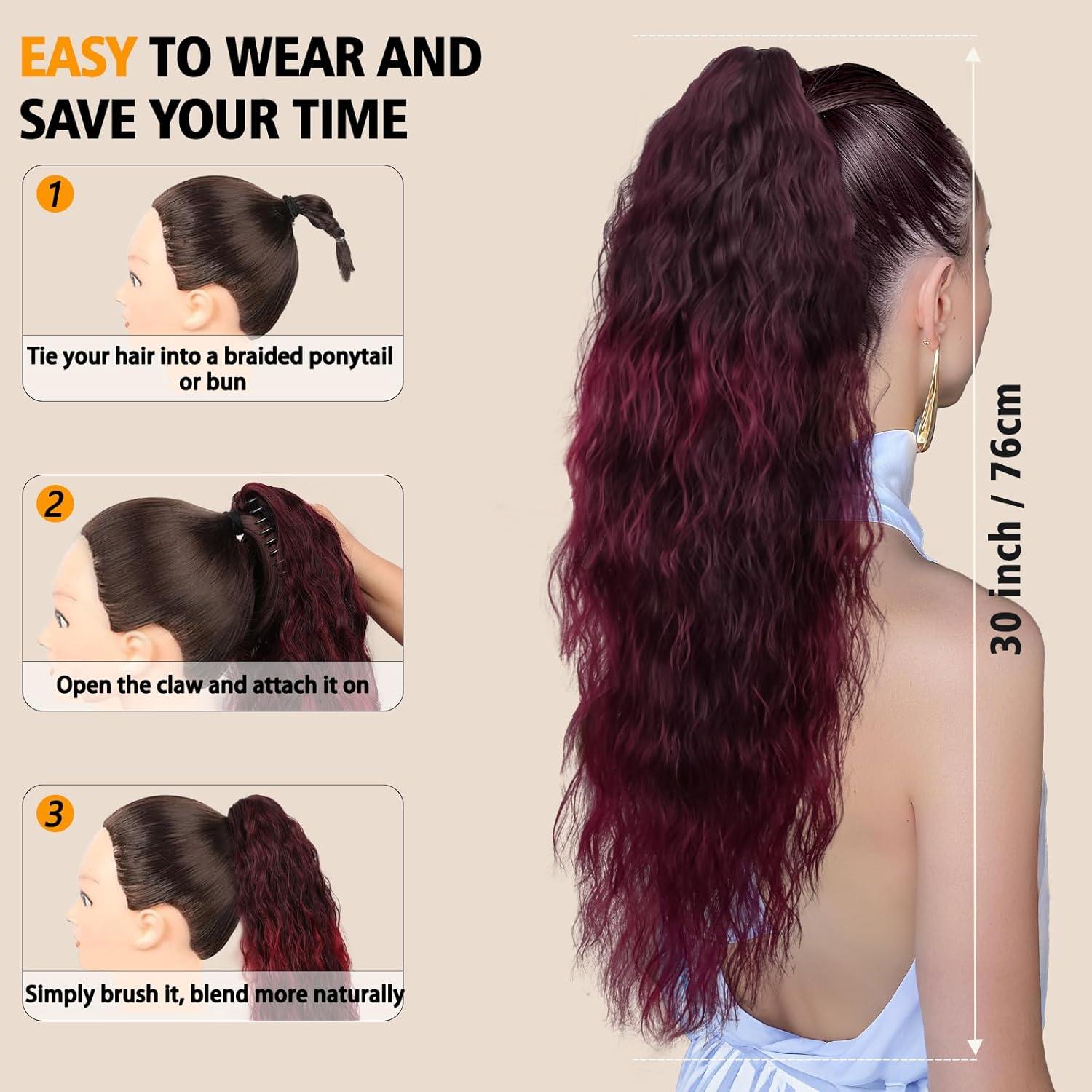 imageClip on Ponytails for Women 12 Inch Curly Black Ponytail Extension Curly Pony Tails Hair Extensions Synthetic Hair Extensions Ponytail Natural Hair Pieces for Women Color BlackOmbre Burgundy