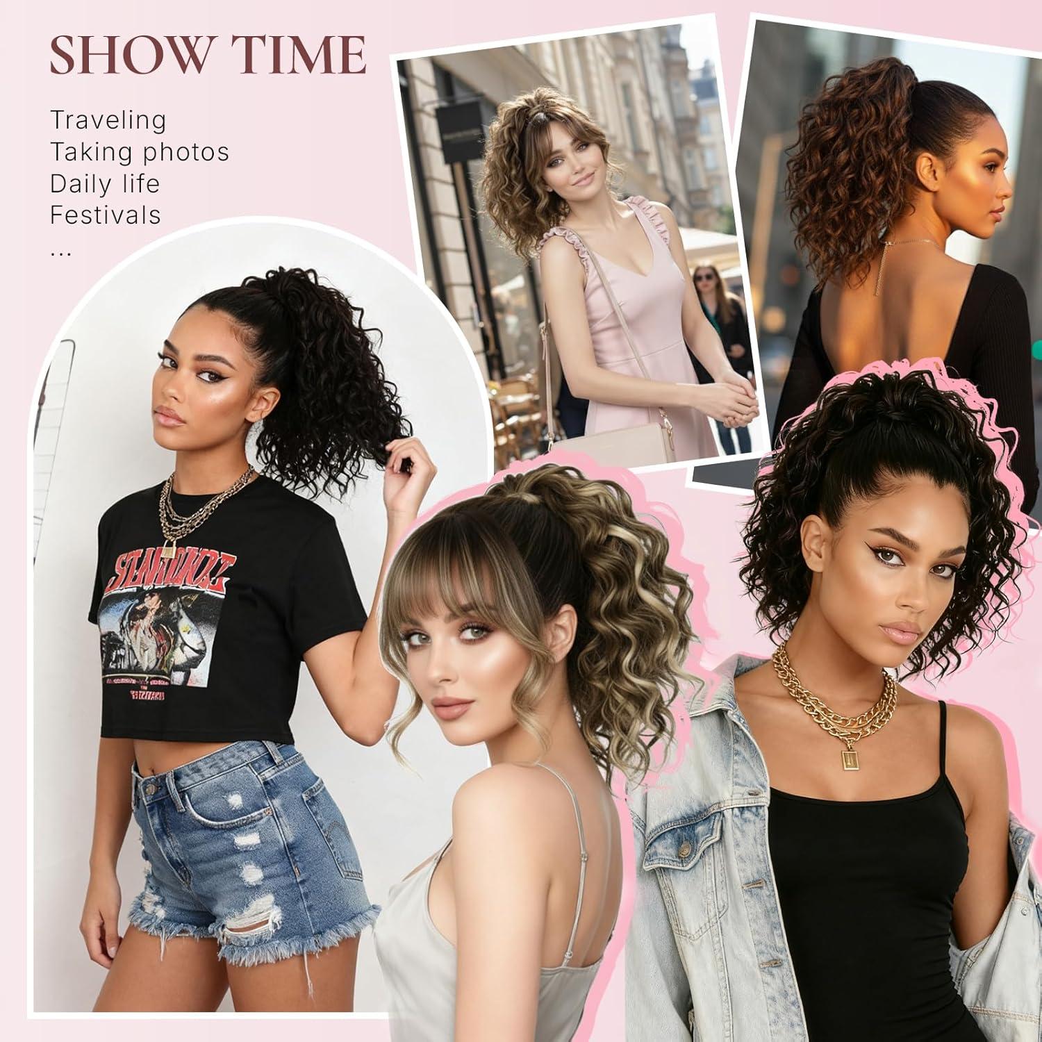 imageClip on Ponytails for Women 12 Inch Curly Black Ponytail Extension Curly Pony Tails Hair Extensions Synthetic Hair Extensions Ponytail Natural Hair Pieces for Women Color BlackMedium Blonde with Beige Blonde Highlights