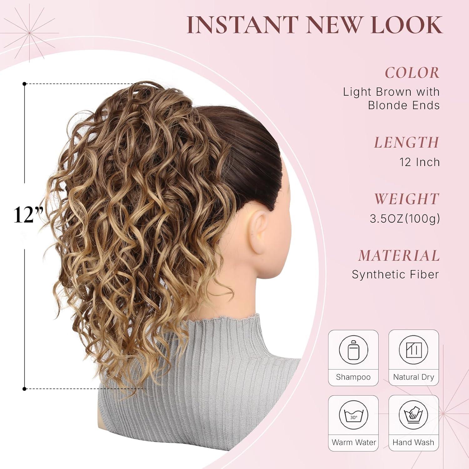 imageClip on Ponytails for Women 12 Inch Curly Black Ponytail Extension Curly Pony Tails Hair Extensions Synthetic Hair Extensions Ponytail Natural Hair Pieces for Women Color BlackLight Brown with Blonde Ends