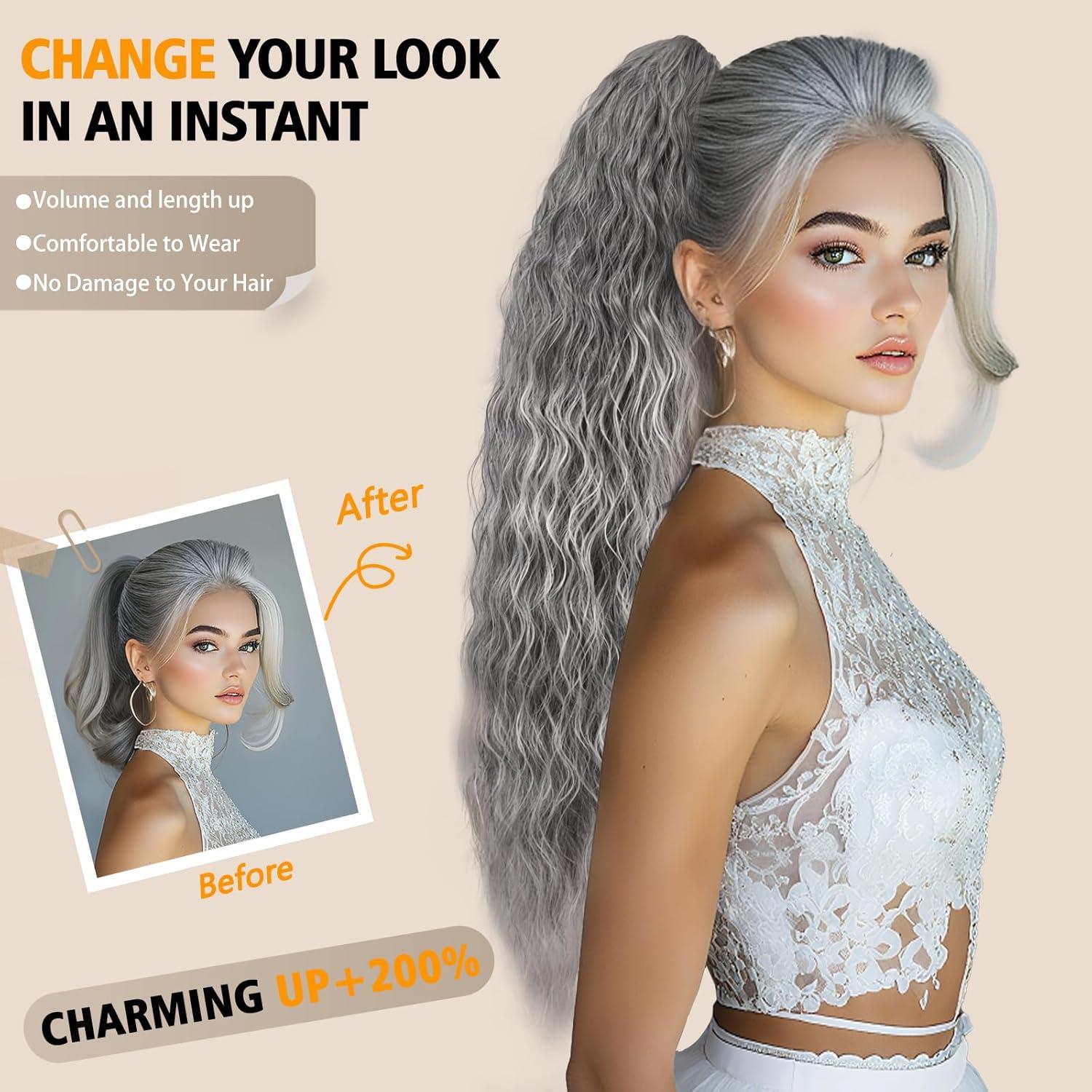imageClip on Ponytails for Women 12 Inch Curly Black Ponytail Extension Curly Pony Tails Hair Extensions Synthetic Hair Extensions Ponytail Natural Hair Pieces for Women Color BlackOmbre Sliver Grey