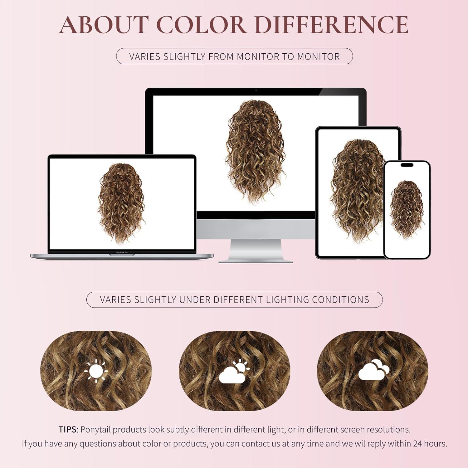 imageClip on Ponytails for Women 12 Inch Curly Black Ponytail Extension Curly Pony Tails Hair Extensions Synthetic Hair Extensions Ponytail Natural Hair Pieces for Women Color BlackLight Brown with Blonde Highlights