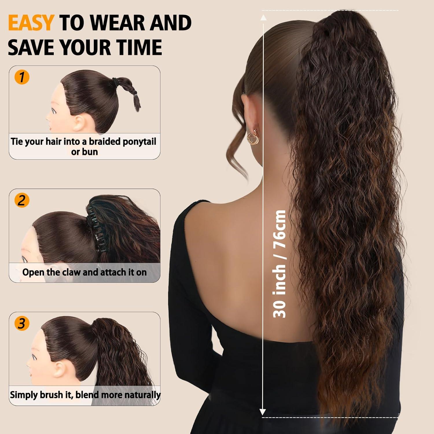 imageClip on Ponytails for Women 12 Inch Curly Black Ponytail Extension Curly Pony Tails Hair Extensions Synthetic Hair Extensions Ponytail Natural Hair Pieces for Women Color BlackOmbre Almond Brown with Copper Brown Ends