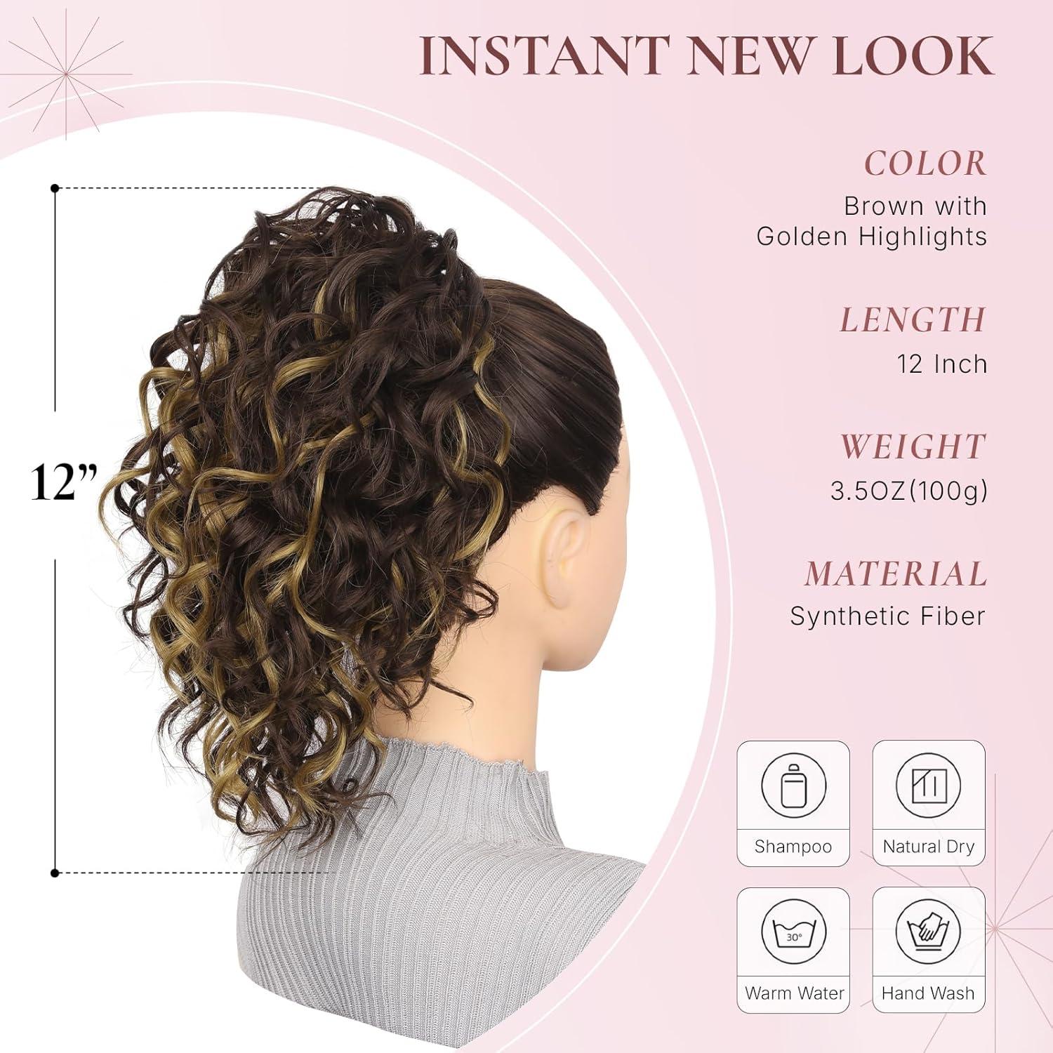imageClip on Ponytails for Women 12 Inch Curly Black Ponytail Extension Curly Pony Tails Hair Extensions Synthetic Hair Extensions Ponytail Natural Hair Pieces for Women Color BlackBrown with Golden Highlights