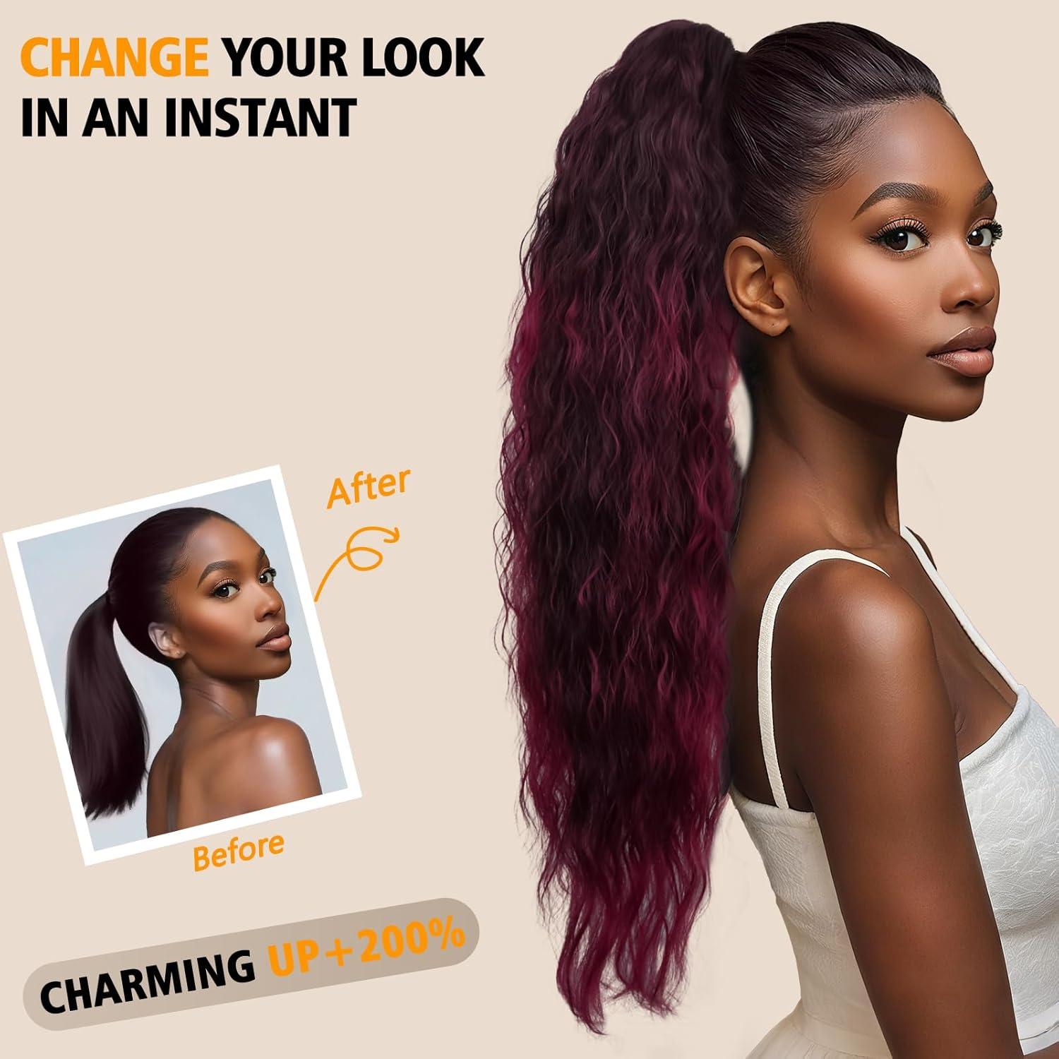 imageClip on Ponytails for Women 12 Inch Curly Black Ponytail Extension Curly Pony Tails Hair Extensions Synthetic Hair Extensions Ponytail Natural Hair Pieces for Women Color BlackOmbre Burgundy