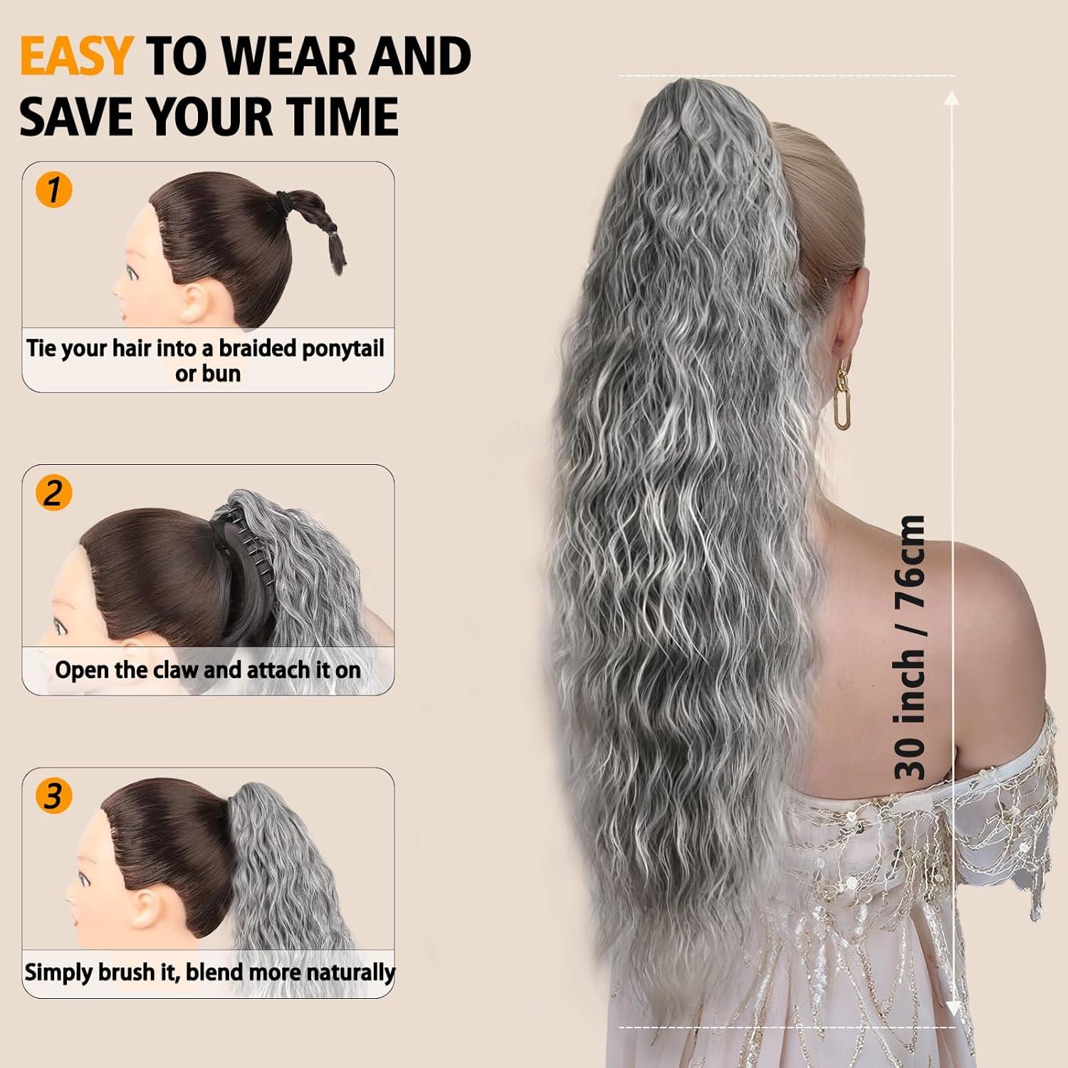 imageClip on Ponytails for Women 12 Inch Curly Black Ponytail Extension Curly Pony Tails Hair Extensions Synthetic Hair Extensions Ponytail Natural Hair Pieces for Women Color BlackOmbre Sliver Grey