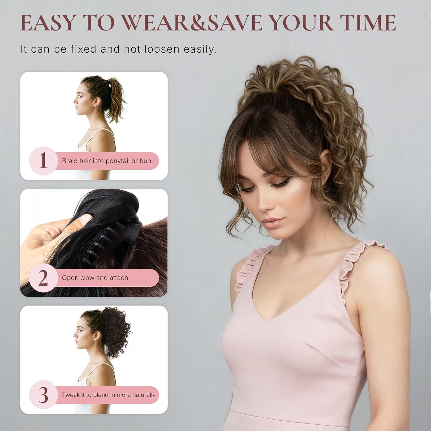 imageClip on Ponytails for Women 12 Inch Curly Black Ponytail Extension Curly Pony Tails Hair Extensions Synthetic Hair Extensions Ponytail Natural Hair Pieces for Women Color BlackLight Brown with Blonde Highlights