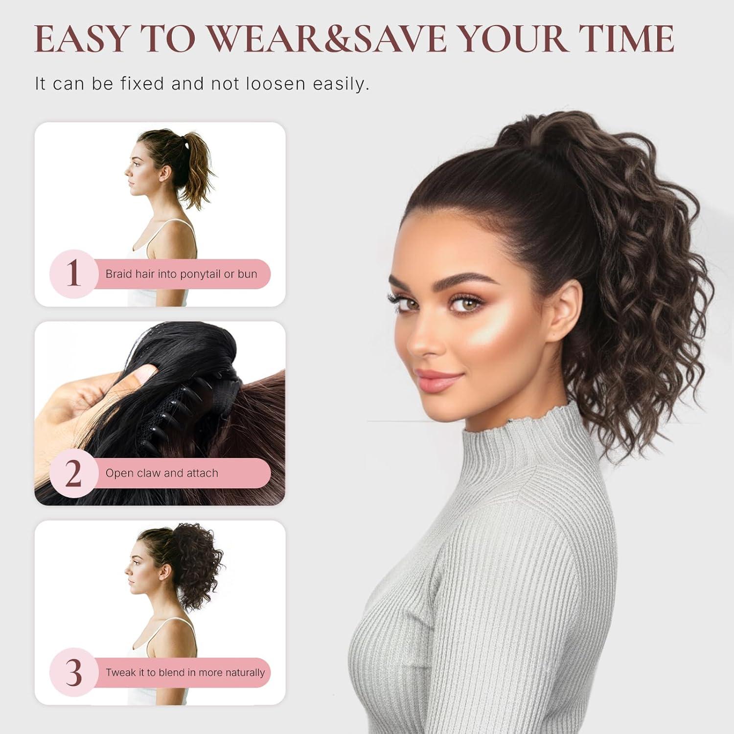 imageClip on Ponytails for Women 12 Inch Curly Black Ponytail Extension Curly Pony Tails Hair Extensions Synthetic Hair Extensions Ponytail Natural Hair Pieces for Women Color BlackBrown with Golden Highlights