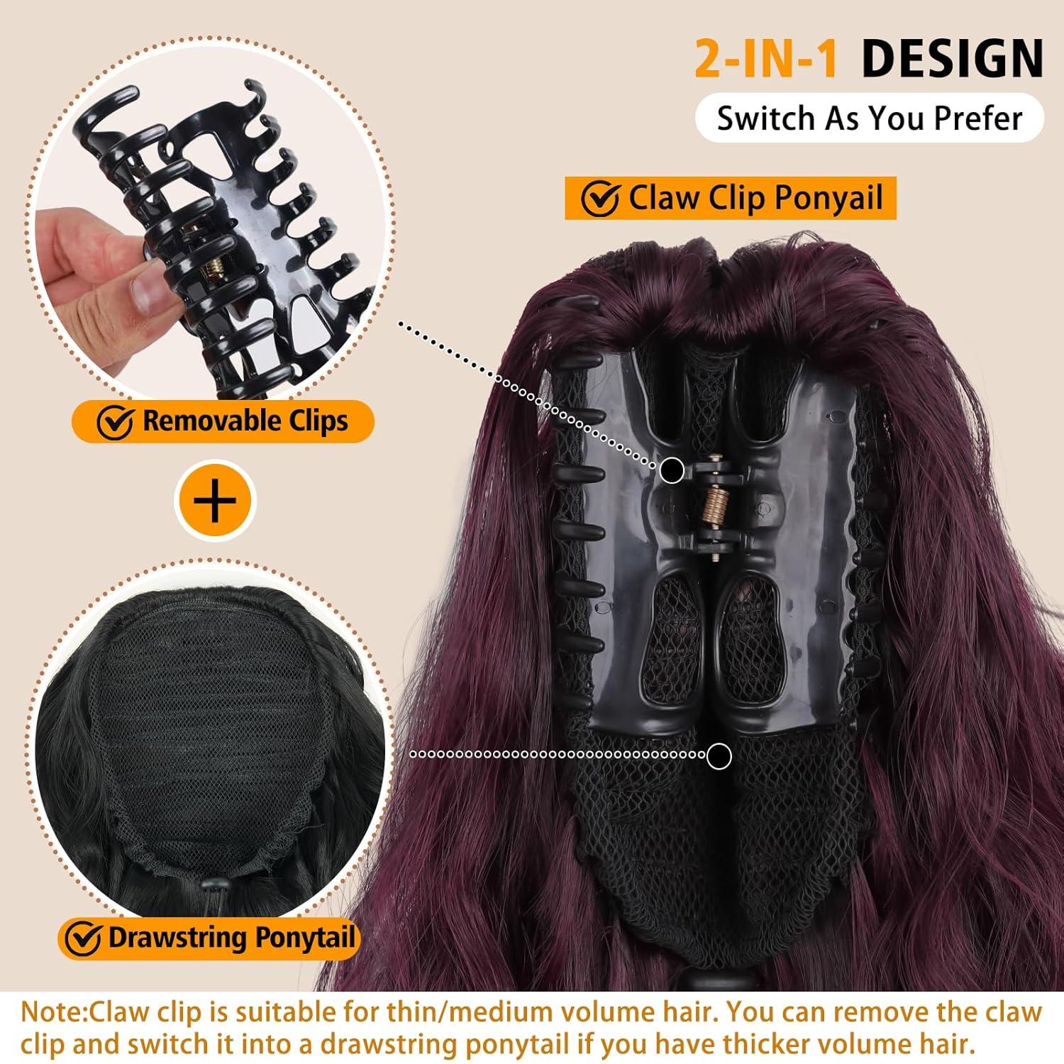 imageClip on Ponytails for Women 12 Inch Curly Black Ponytail Extension Curly Pony Tails Hair Extensions Synthetic Hair Extensions Ponytail Natural Hair Pieces for Women Color BlackOmbre Burgundy