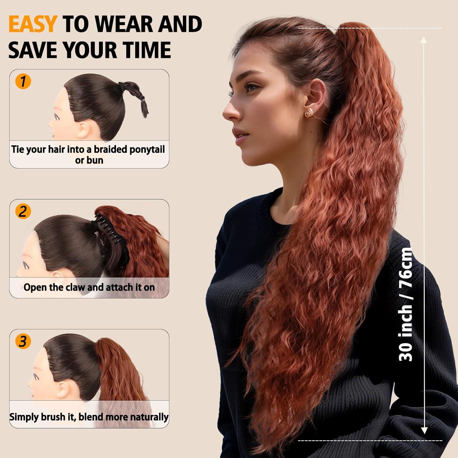 imageClip on Ponytails for Women 12 Inch Curly Black Ponytail Extension Curly Pony Tails Hair Extensions Synthetic Hair Extensions Ponytail Natural Hair Pieces for Women Color BlackCopper Red