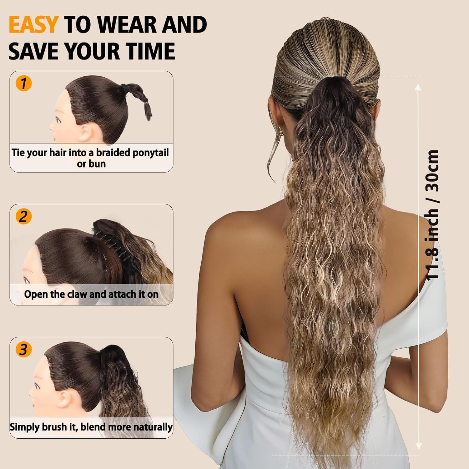imageClip on Ponytails for Women 12 Inch Curly Black Ponytail Extension Curly Pony Tails Hair Extensions Synthetic Hair Extensions Ponytail Natural Hair Pieces for Women Color BlackOmbre Black Brown Mix Blonde