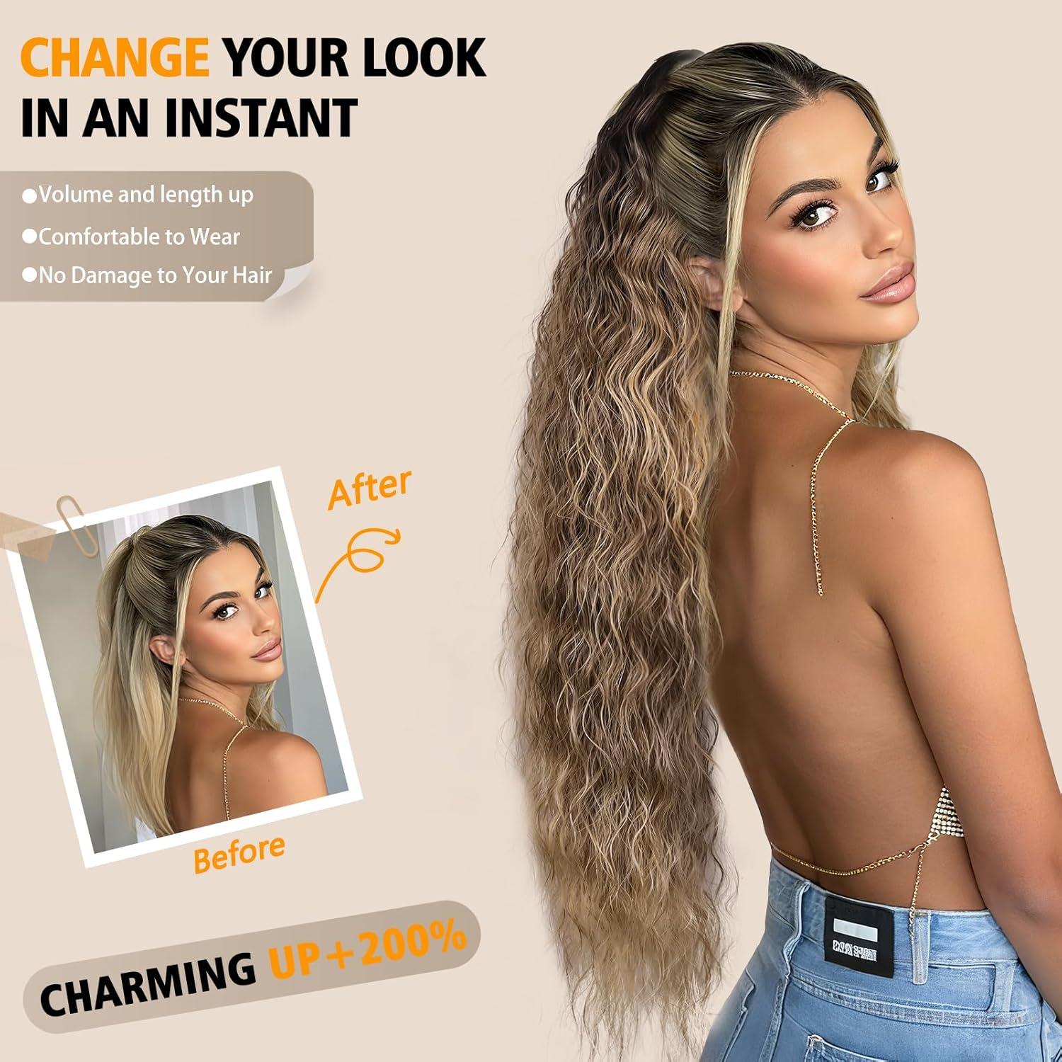 imageClip on Ponytails for Women 12 Inch Curly Black Ponytail Extension Curly Pony Tails Hair Extensions Synthetic Hair Extensions Ponytail Natural Hair Pieces for Women Color BlackOmbre Black Brown Mix Blonde