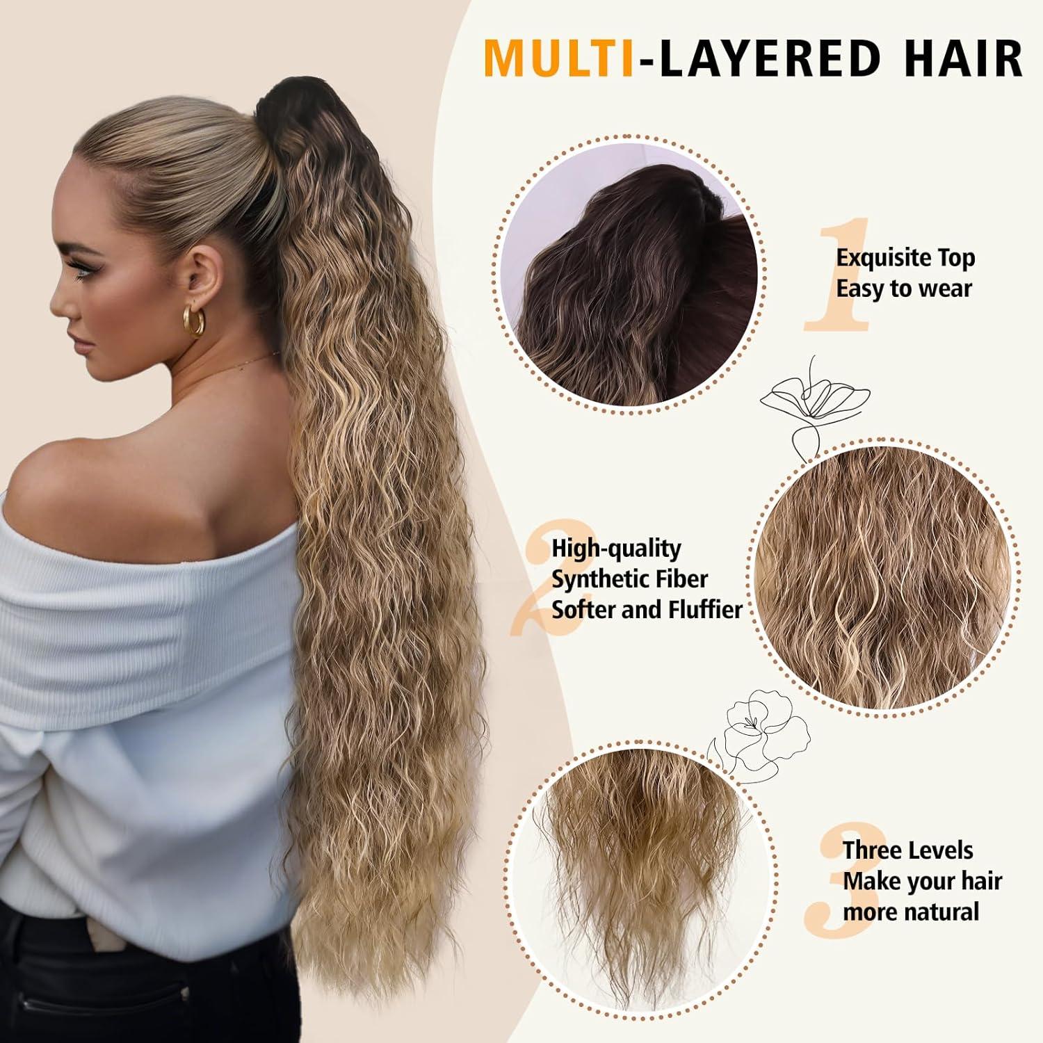 imageClip on Ponytails for Women 12 Inch Curly Black Ponytail Extension Curly Pony Tails Hair Extensions Synthetic Hair Extensions Ponytail Natural Hair Pieces for Women Color BlackOmbre Black Brown Mix Blonde