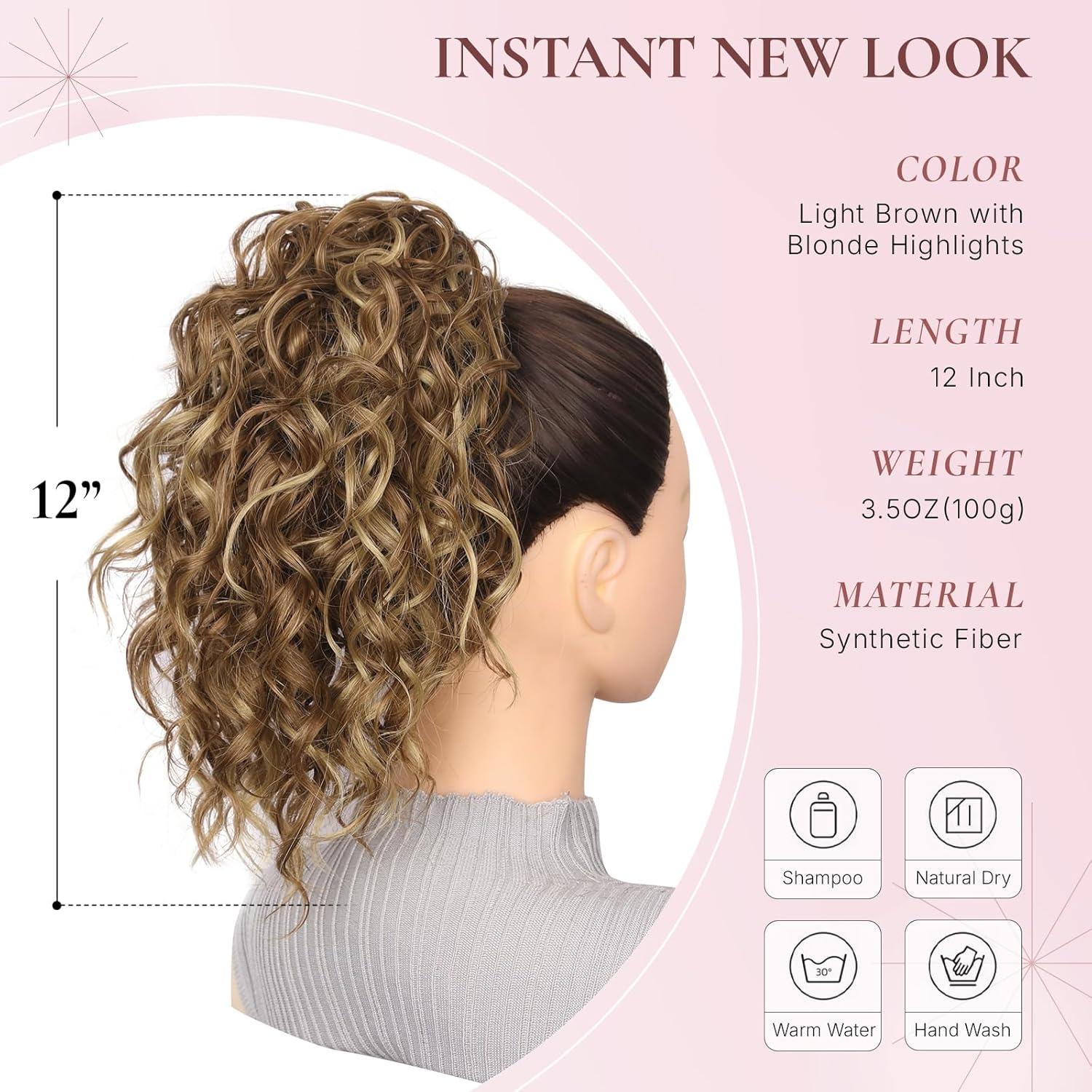 imageClip on Ponytails for Women 12 Inch Curly Black Ponytail Extension Curly Pony Tails Hair Extensions Synthetic Hair Extensions Ponytail Natural Hair Pieces for Women Color BlackLight Brown with Blonde Highlights