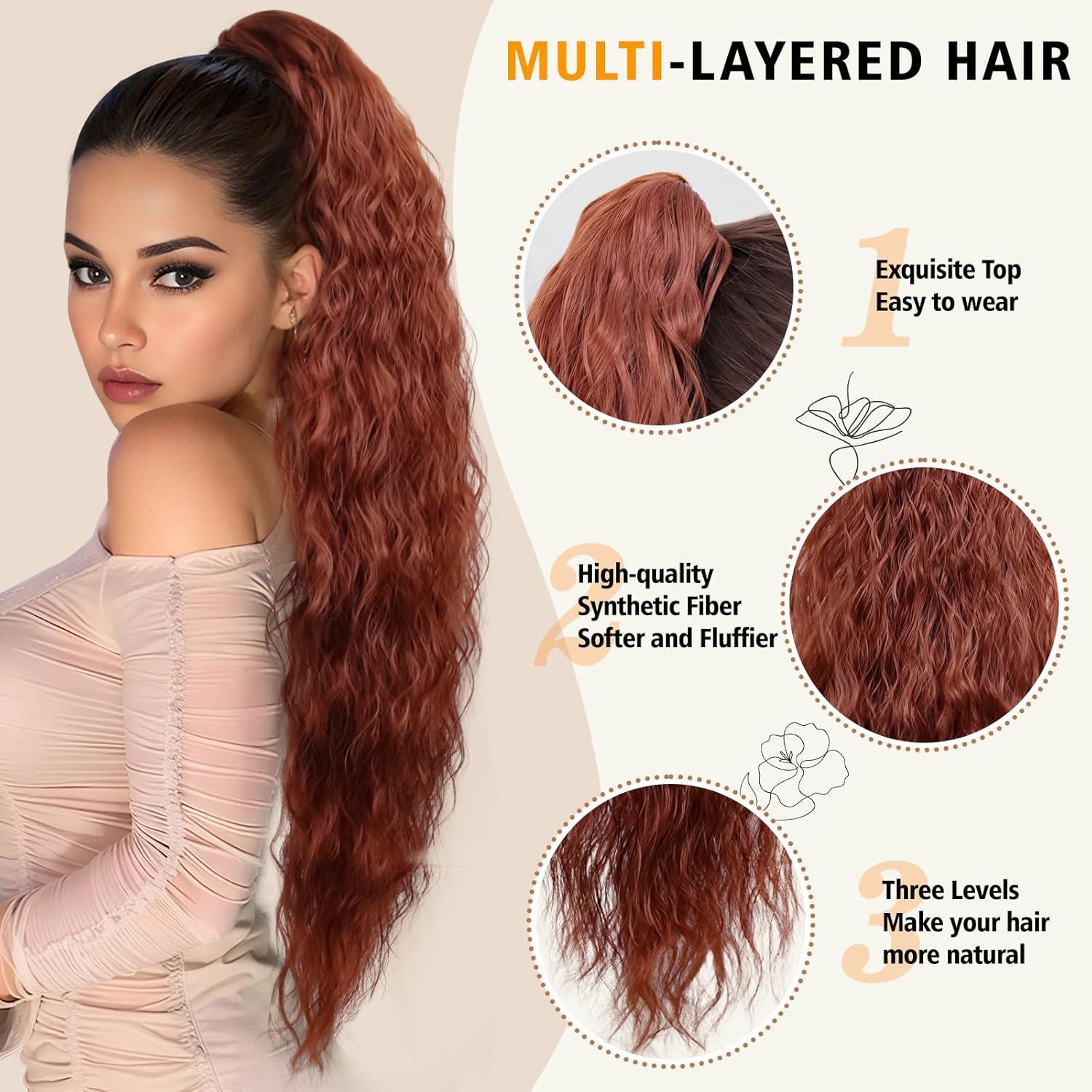 imageClip on Ponytails for Women 12 Inch Curly Black Ponytail Extension Curly Pony Tails Hair Extensions Synthetic Hair Extensions Ponytail Natural Hair Pieces for Women Color BlackCopper Red