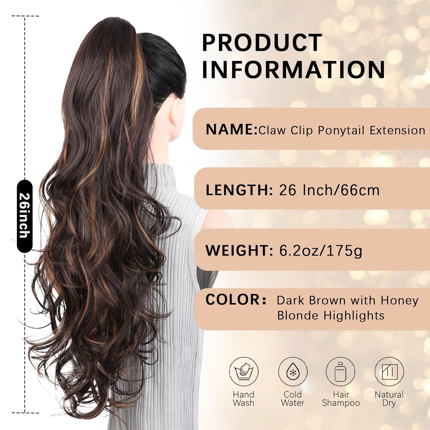 imageClip on Ponytails for Women 26 Inch Long Ponytail Extension Wavy Pony Tails Hair Extensions Synthetic Hair Extensions Ponytail Clip in Ponytail Color Chestnut Brown With Golden HighlightsDark Brown with Honey Blonde Highlights
