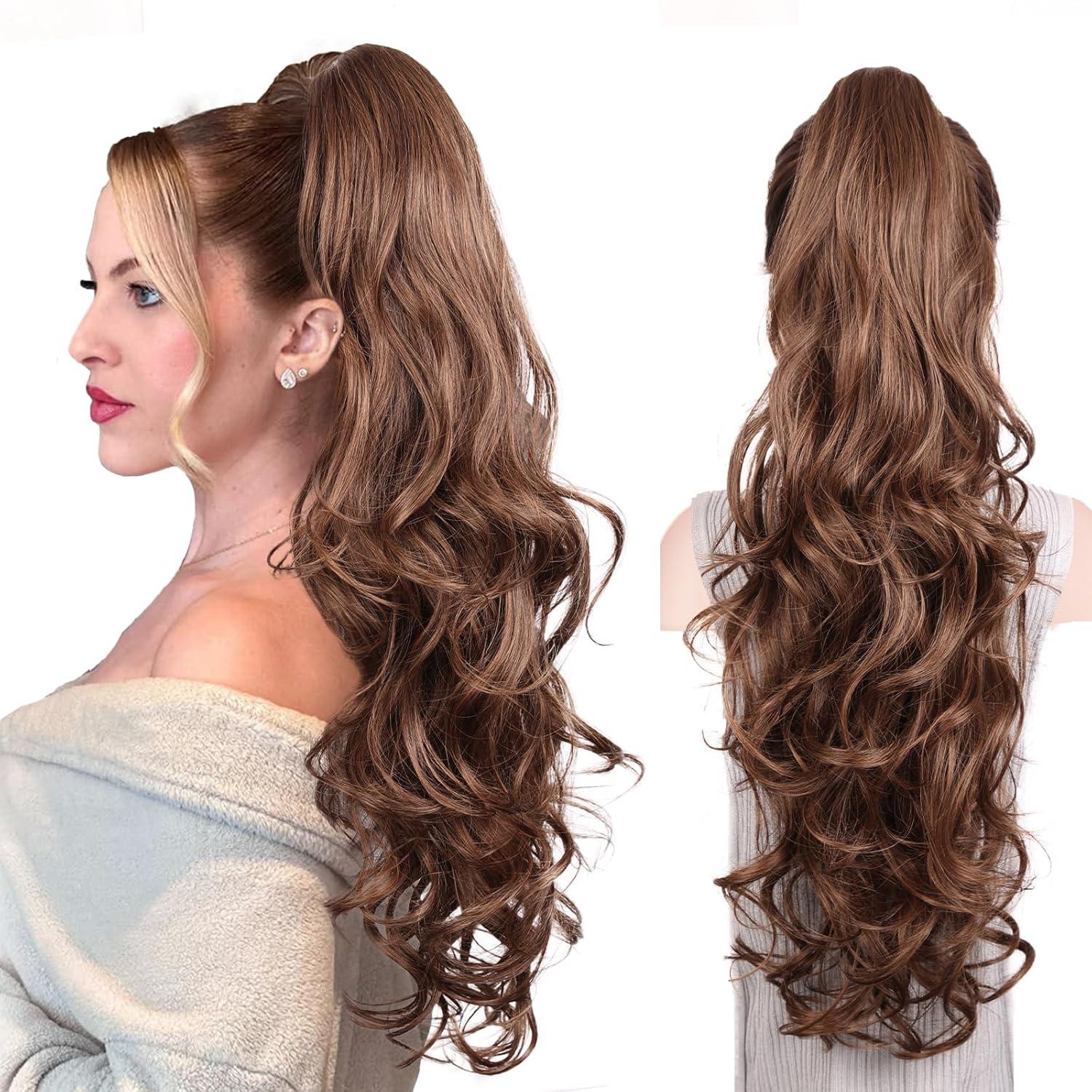 imageClip on Ponytails for Women 26 Inch Long Ponytail Extension Wavy Pony Tails Hair Extensions Synthetic Hair Extensions Ponytail Clip in Ponytail Color Chestnut Brown With Golden HighlightsMedium Brown Mixed Honey Blonde