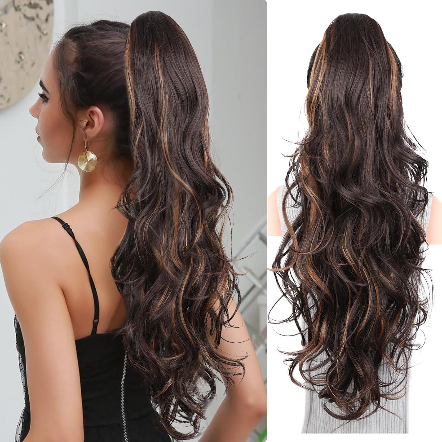 imageClip on Ponytails for Women 26 Inch Long Ponytail Extension Wavy Pony Tails Hair Extensions Synthetic Hair Extensions Ponytail Clip in Ponytail Color Chestnut Brown With Golden HighlightsDark Brown with Honey Blonde Highlights