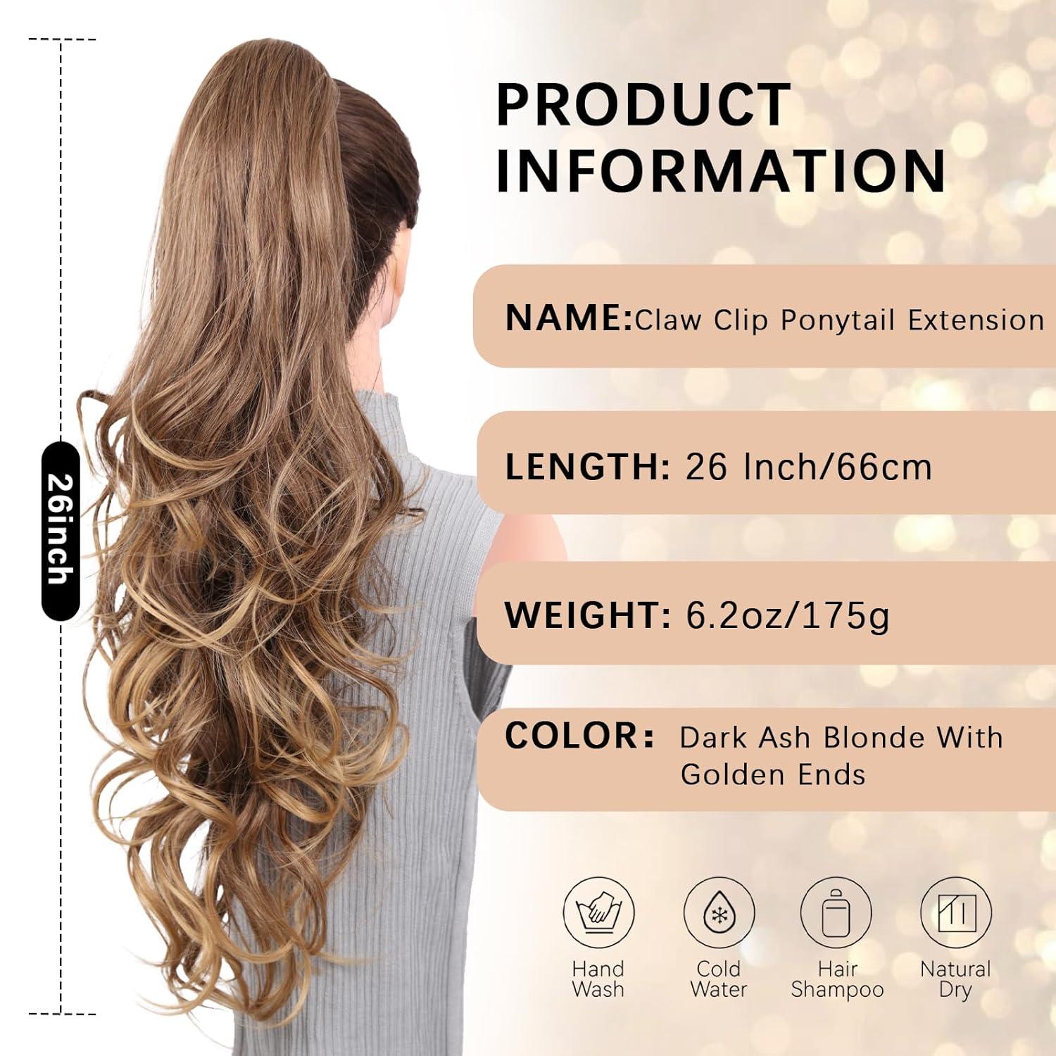 imageClip on Ponytails for Women 26 Inch Long Ponytail Extension Wavy Pony Tails Hair Extensions Synthetic Hair Extensions Ponytail Clip in Ponytail Color Chestnut Brown With Golden HighlightsLight Brown with Blonde Ends