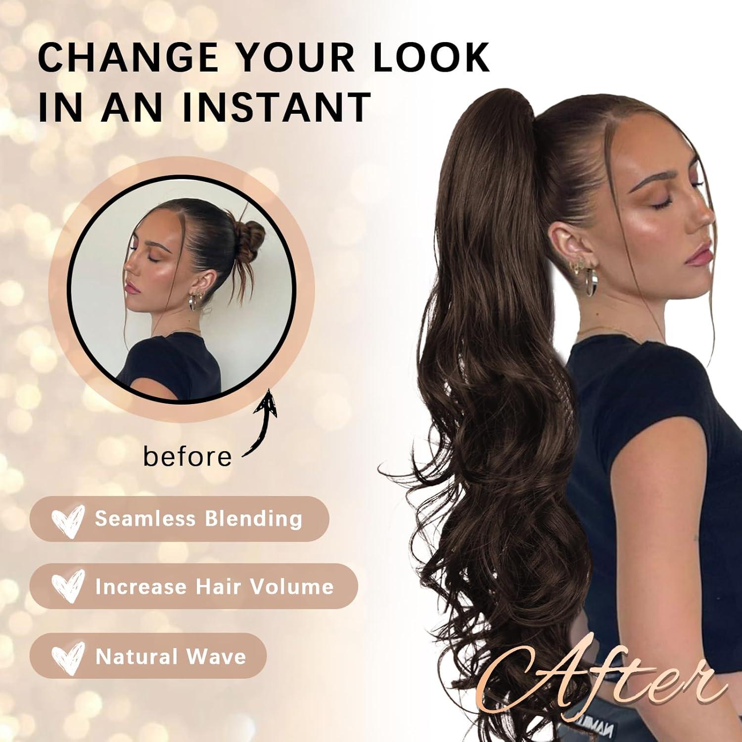 imageClip on Ponytails for Women 26 Inch Long Ponytail Extension Wavy Pony Tails Hair Extensions Synthetic Hair Extensions Ponytail Clip in Ponytail Color Chestnut Brown With Golden HighlightsChocolate Brown