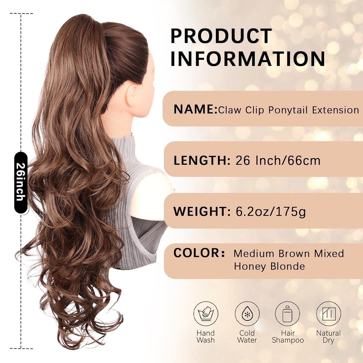 imageClip on Ponytails for Women 26 Inch Long Ponytail Extension Wavy Pony Tails Hair Extensions Synthetic Hair Extensions Ponytail Clip in Ponytail Color Chestnut Brown With Golden HighlightsMedium Brown Mixed Honey Blonde
