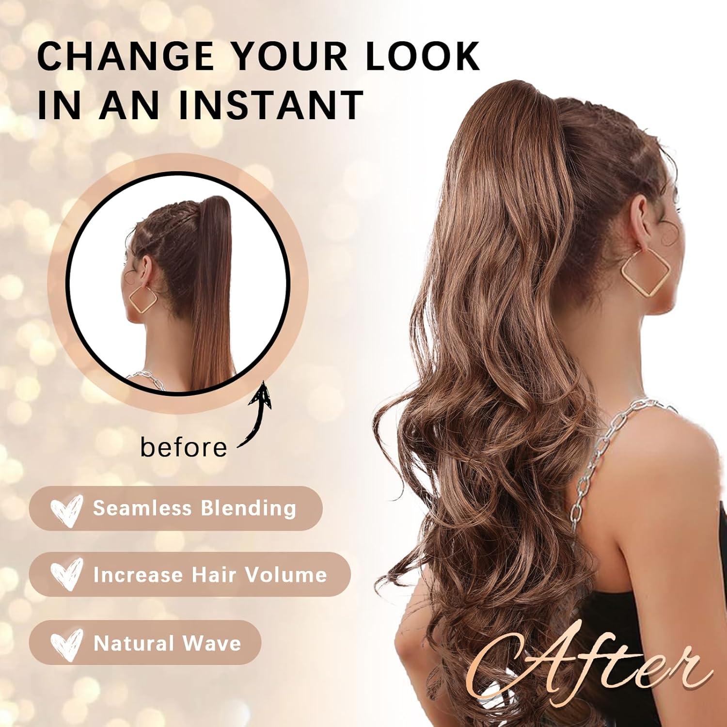 imageClip on Ponytails for Women 26 Inch Long Ponytail Extension Wavy Pony Tails Hair Extensions Synthetic Hair Extensions Ponytail Clip in Ponytail Color Chestnut Brown With Golden HighlightsMedium Brown Mixed Honey Blonde