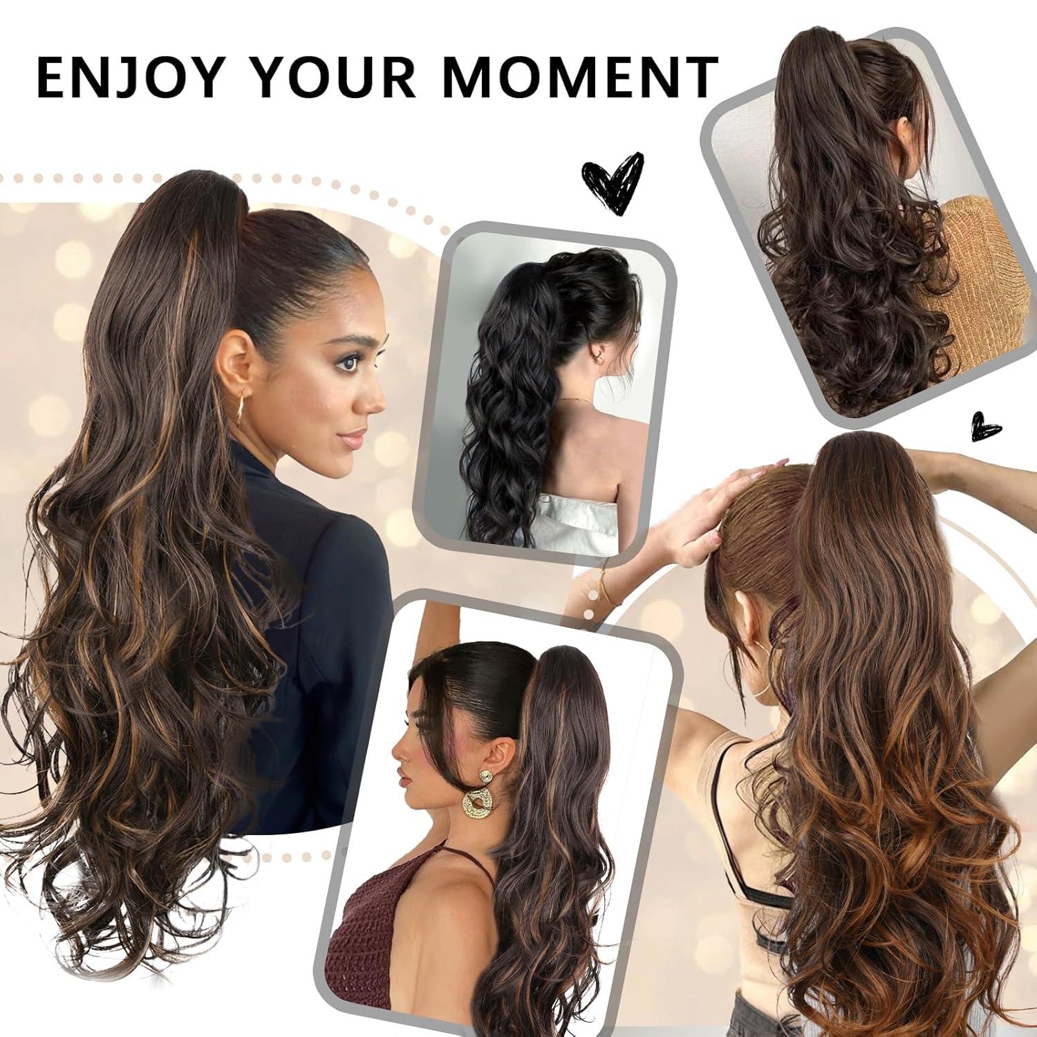 imageClip on Ponytails for Women 26 Inch Long Ponytail Extension Wavy Pony Tails Hair Extensions Synthetic Hair Extensions Ponytail Clip in Ponytail Color Chestnut Brown With Golden HighlightsDark Brown with Honey Blonde Highlights