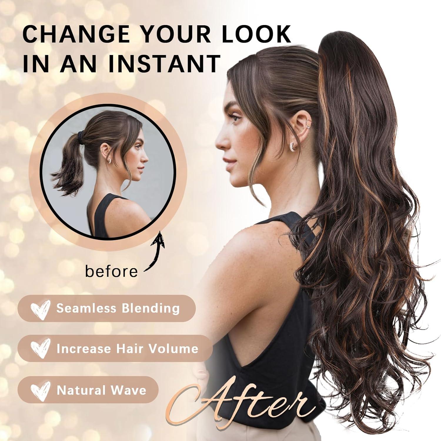 imageClip on Ponytails for Women 26 Inch Long Ponytail Extension Wavy Pony Tails Hair Extensions Synthetic Hair Extensions Ponytail Clip in Ponytail Color Chestnut Brown With Golden HighlightsDark Brown with Honey Blonde Highlights