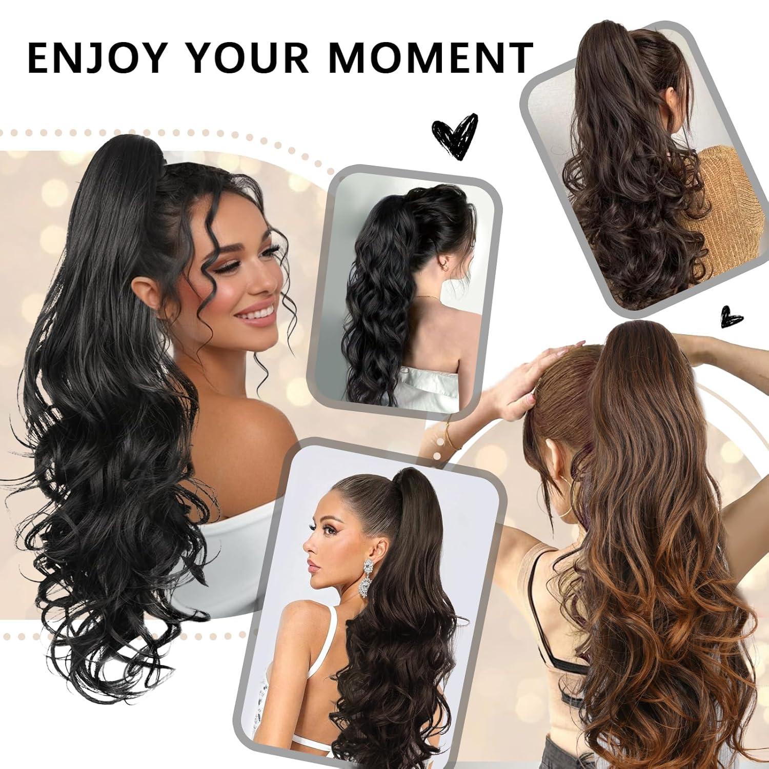 imageClip on Ponytails for Women 26 Inch Long Ponytail Extension Wavy Pony Tails Hair Extensions Synthetic Hair Extensions Ponytail Clip in Ponytail Color Chestnut Brown With Golden HighlightsBrown