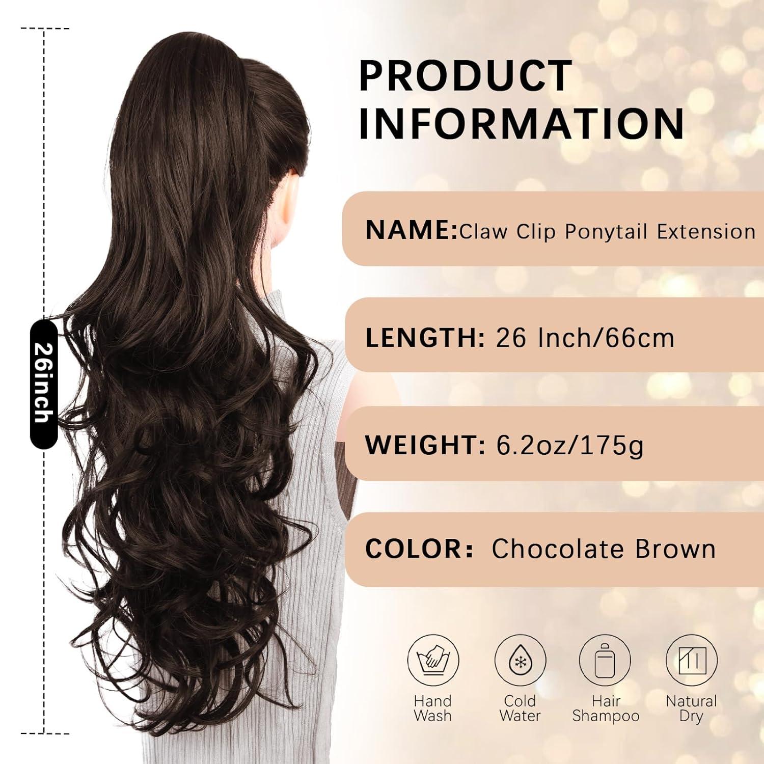 imageClip on Ponytails for Women 26 Inch Long Ponytail Extension Wavy Pony Tails Hair Extensions Synthetic Hair Extensions Ponytail Clip in Ponytail Color Chestnut Brown With Golden HighlightsChocolate Brown