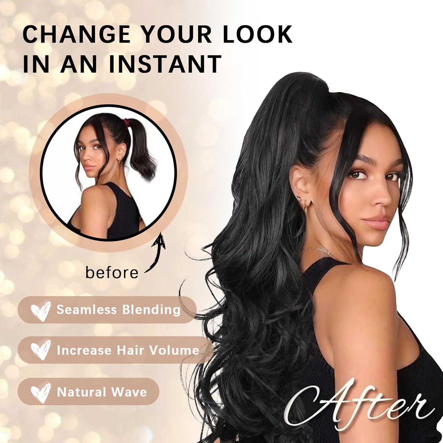 imageClip on Ponytails for Women 26 Inch Long Ponytail Extension Wavy Pony Tails Hair Extensions Synthetic Hair Extensions Ponytail Clip in Ponytail Color Chestnut Brown With Golden HighlightsBlack