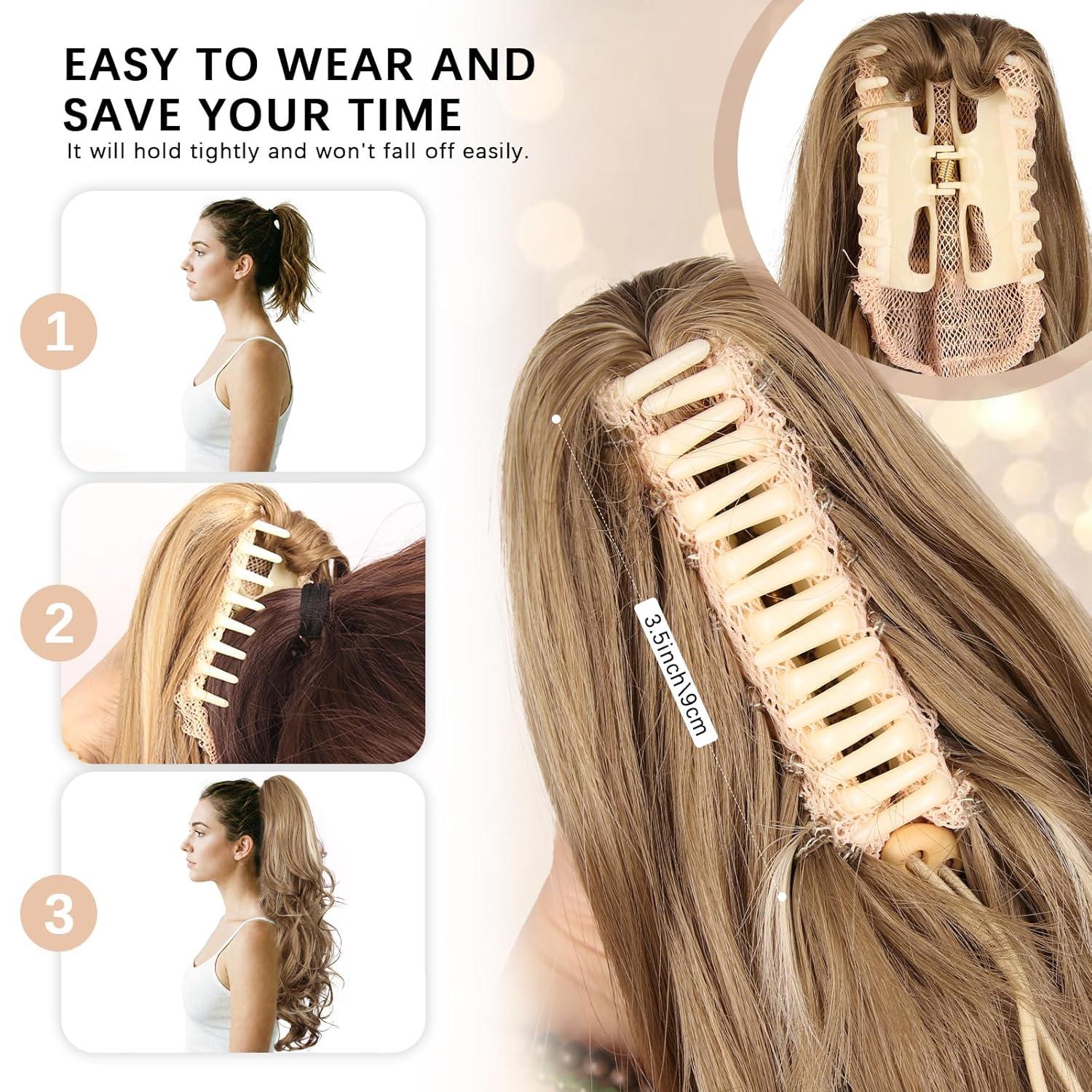 imageClip on Ponytails for Women 26 Inch Long Ponytail Extension Wavy Pony Tails Hair Extensions Synthetic Hair Extensions Ponytail Clip in Ponytail Color Chestnut Brown With Golden HighlightsLight Brown With Beige Highlights